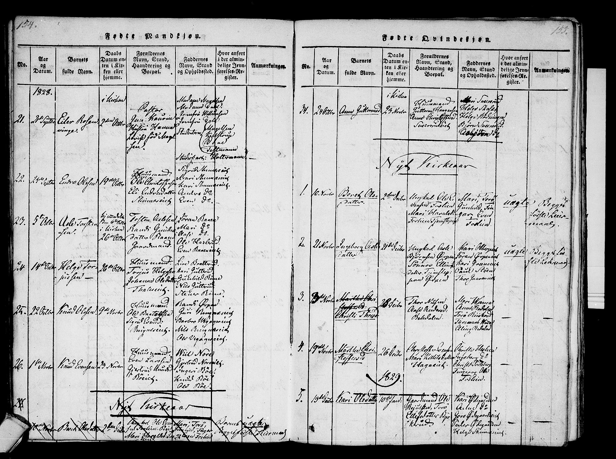 Krødsherad kirkebøker, SAKO/A-19/F/Fa/L0001: Parish register (official) no. 1, 1815-1829, p. 154-155