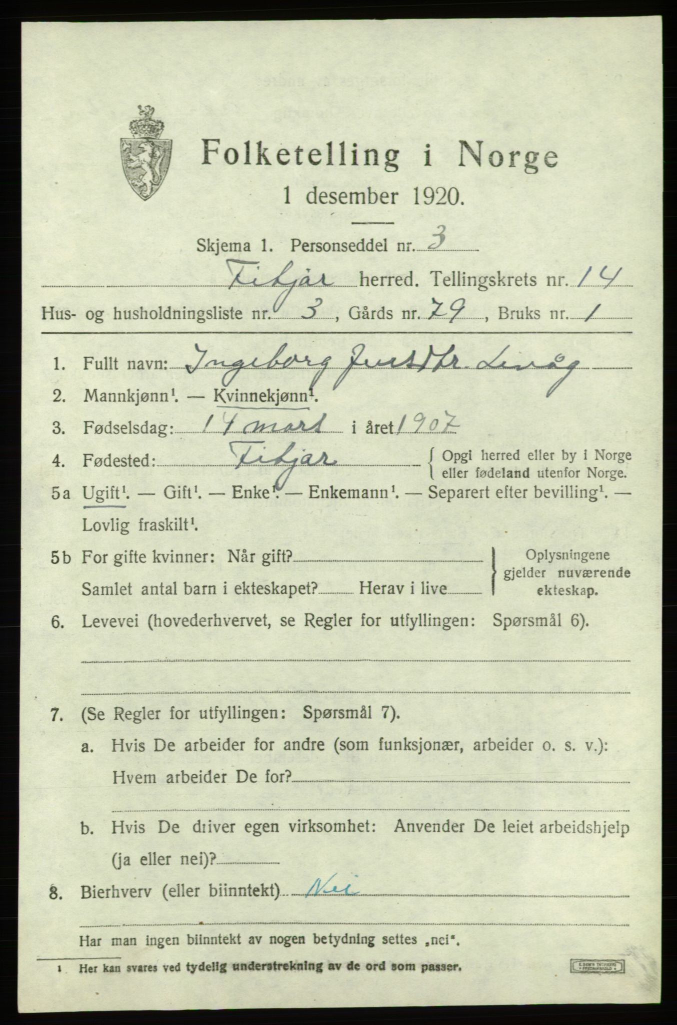 SAB, 1920 census for Fitjar, 1920, p. 5738