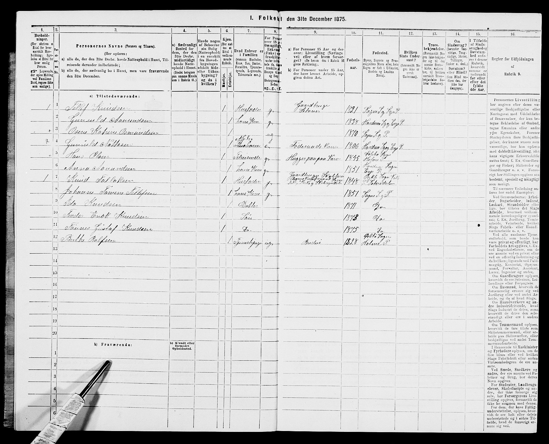 SAK, 1875 census for 1018P Søgne, 1875, p. 1002