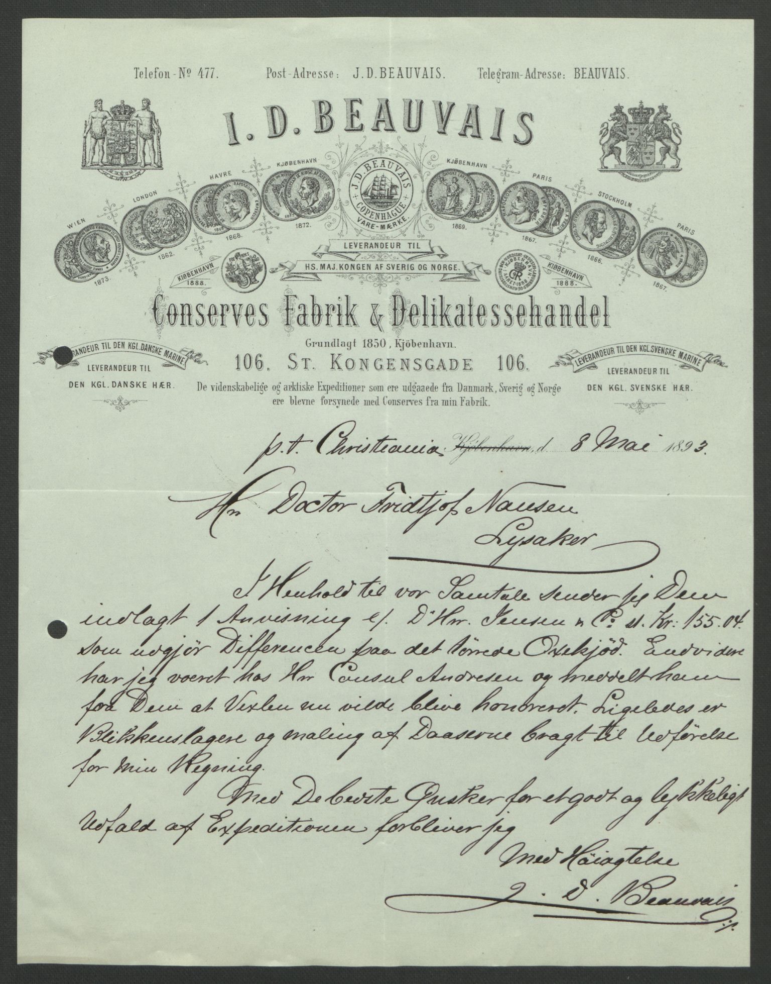 Arbeidskomitéen for Fridtjof Nansens polarekspedisjon, AV/RA-PA-0061/D/L0004: Innk. brev og telegrammer vedr. proviant og utrustning, 1892-1893, p. 616