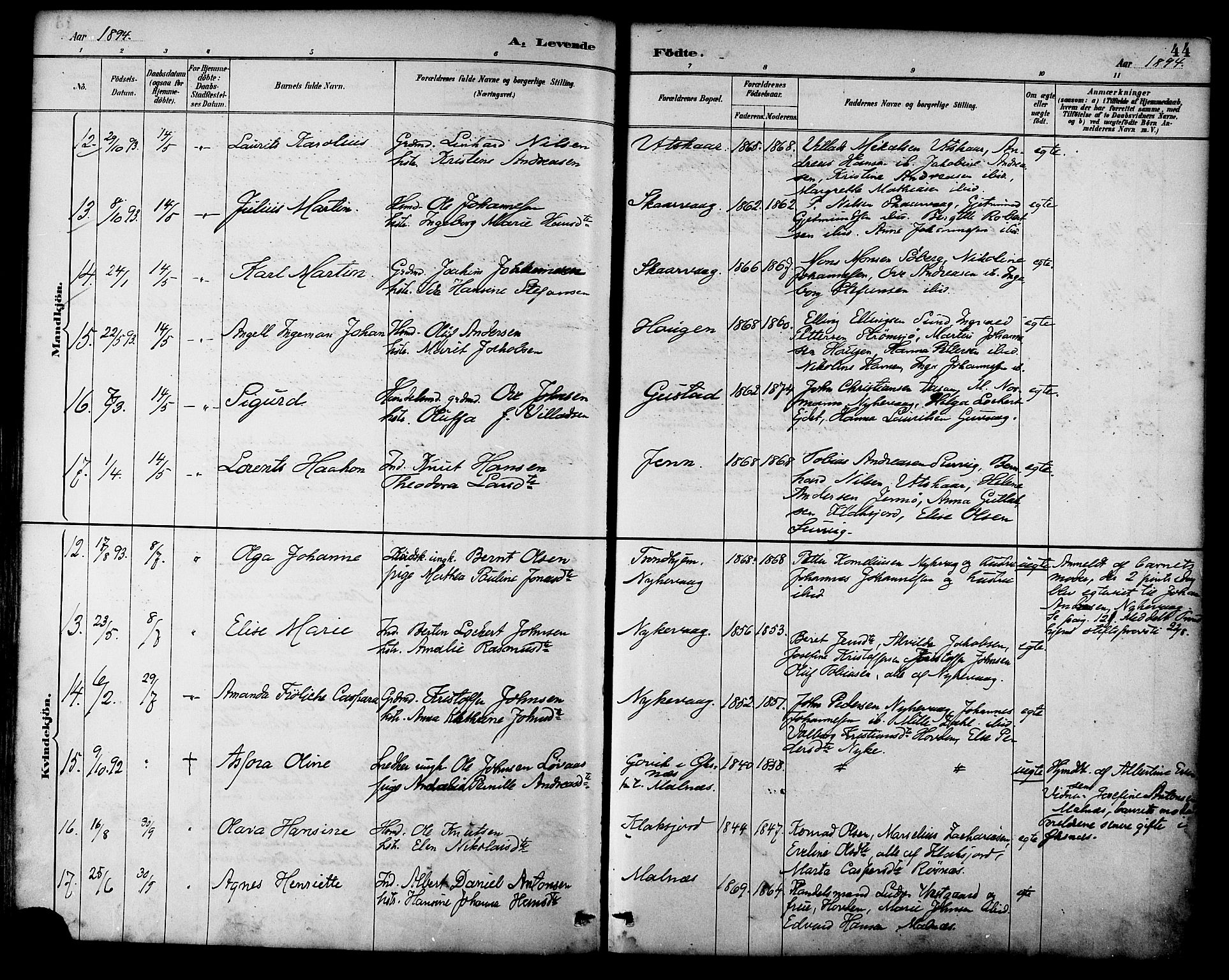 Ministerialprotokoller, klokkerbøker og fødselsregistre - Nordland, AV/SAT-A-1459/892/L1320: Parish register (official) no. 892A01, 1886-1901, p. 44