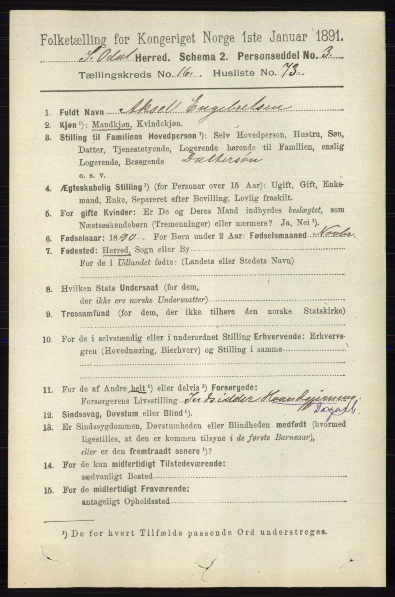 RA, 1891 census for 0419 Sør-Odal, 1891, p. 7771