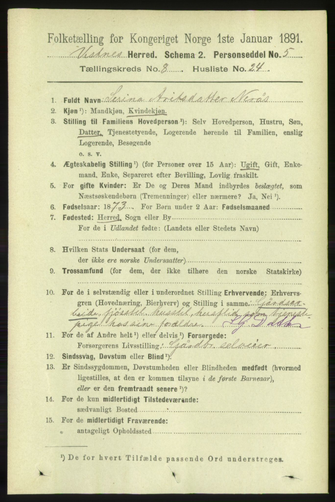 RA, 1891 census for 1535 Vestnes, 1891, p. 3287