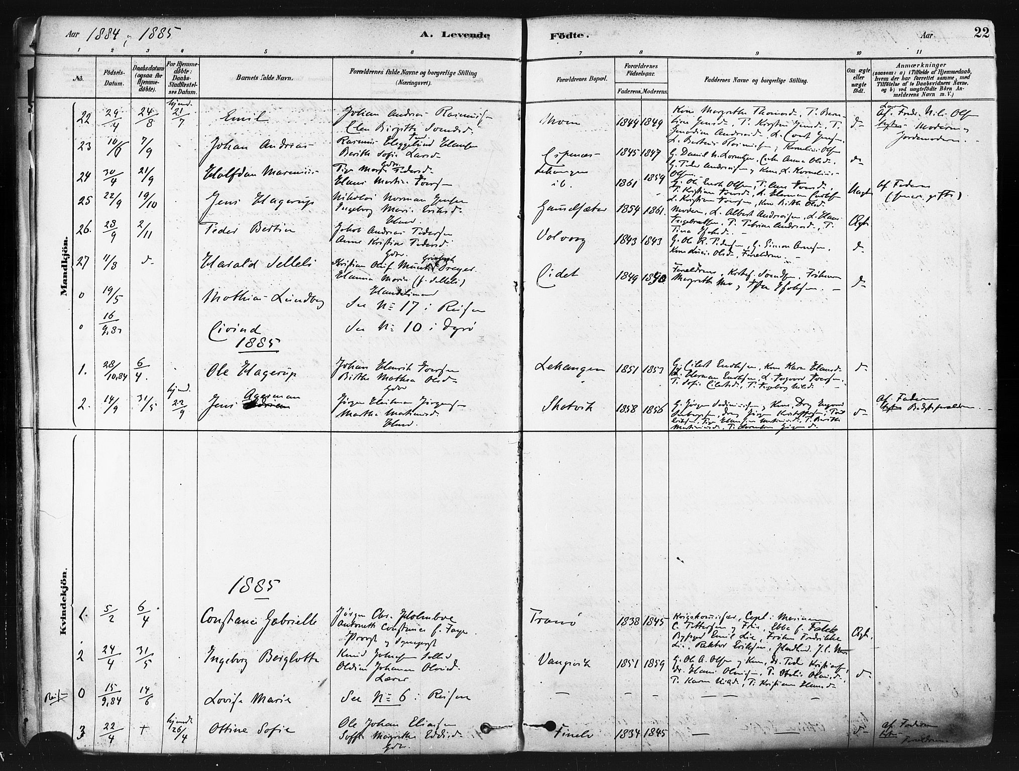 Tranøy sokneprestkontor, SATØ/S-1313/I/Ia/Iaa/L0009kirke: Parish register (official) no. 9, 1878-1904, p. 22