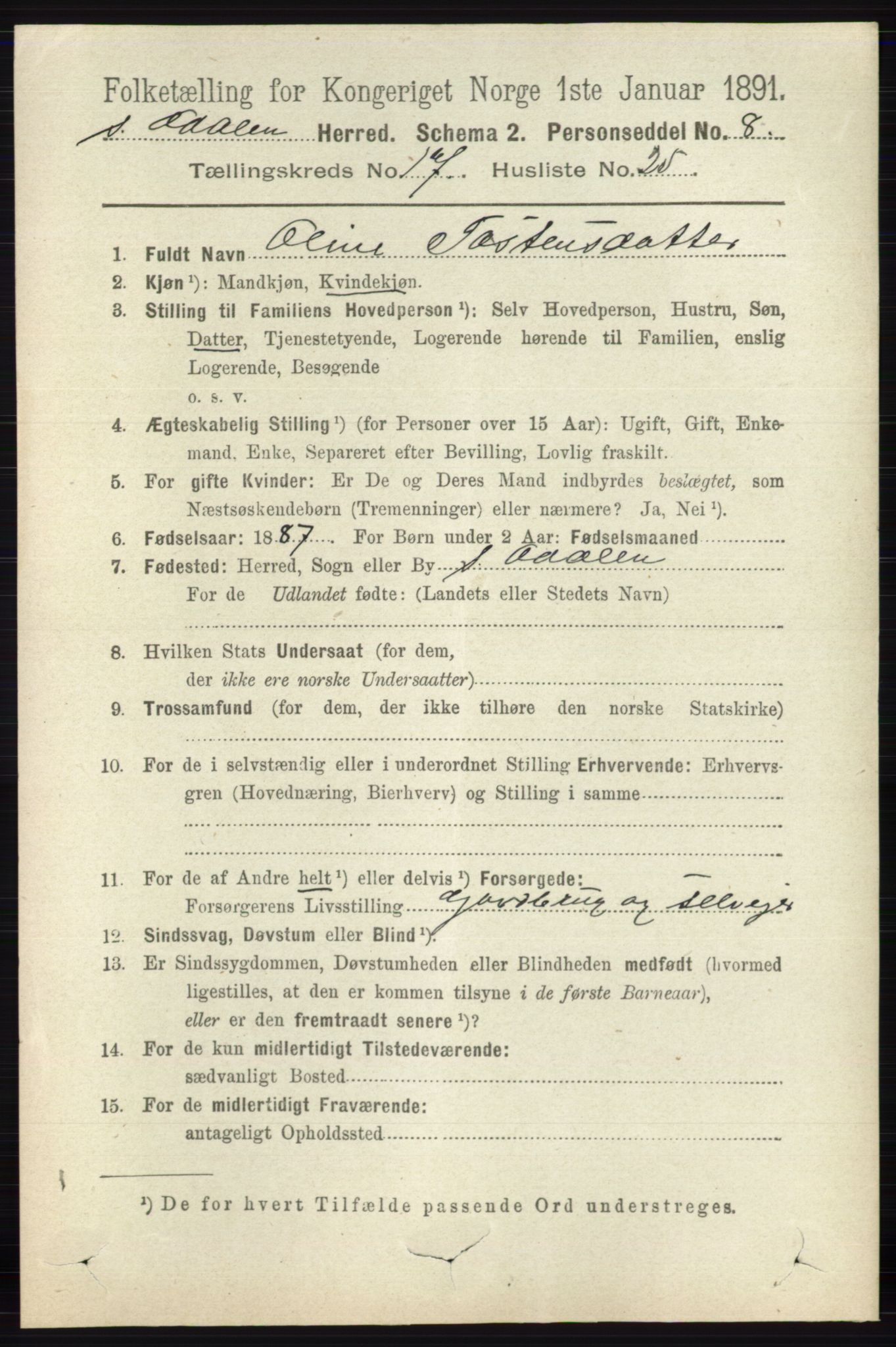 RA, 1891 census for 0419 Sør-Odal, 1891, p. 8010