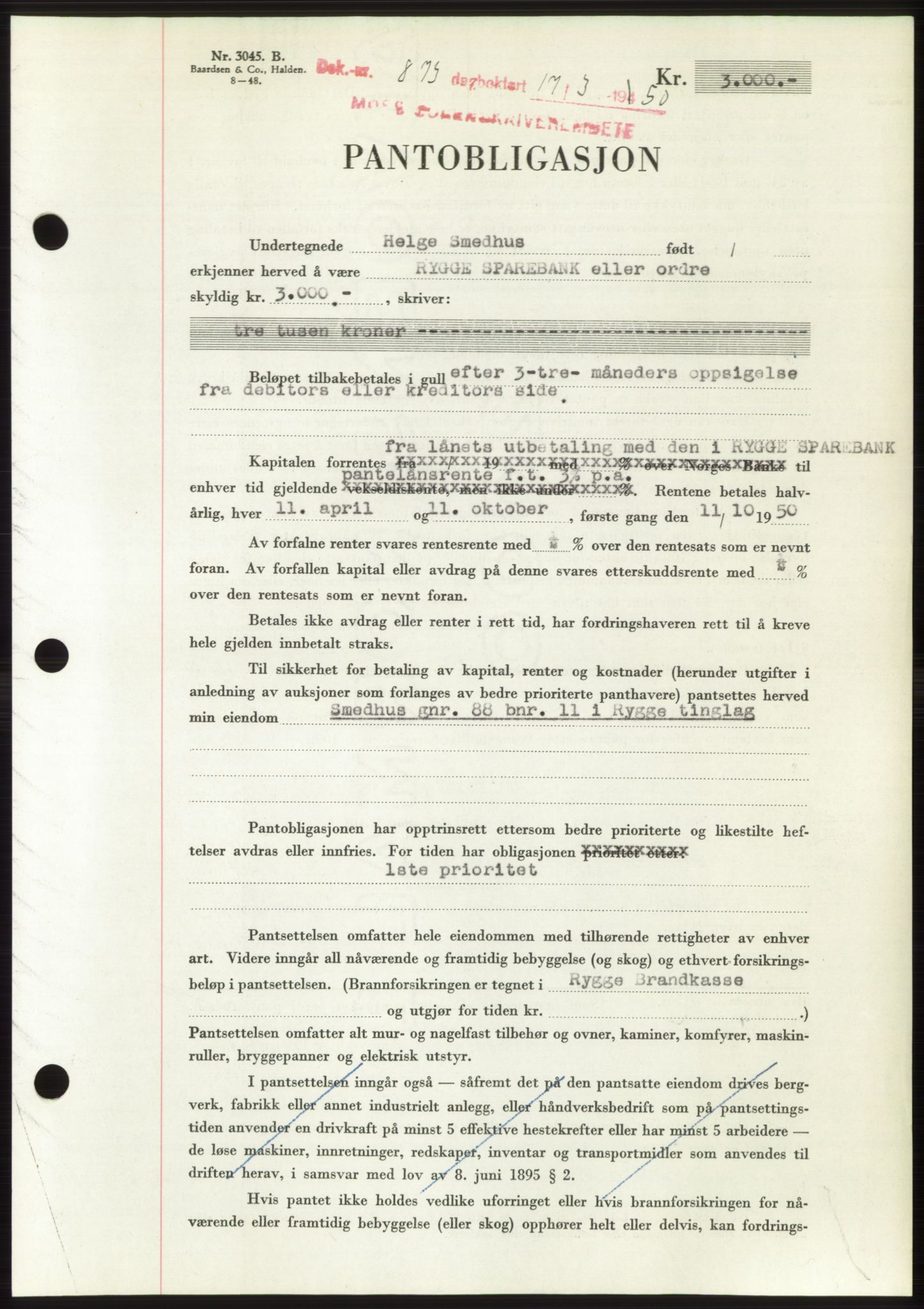 Moss sorenskriveri, AV/SAO-A-10168: Mortgage book no. B24, 1950-1950, Diary no: : 873/1950