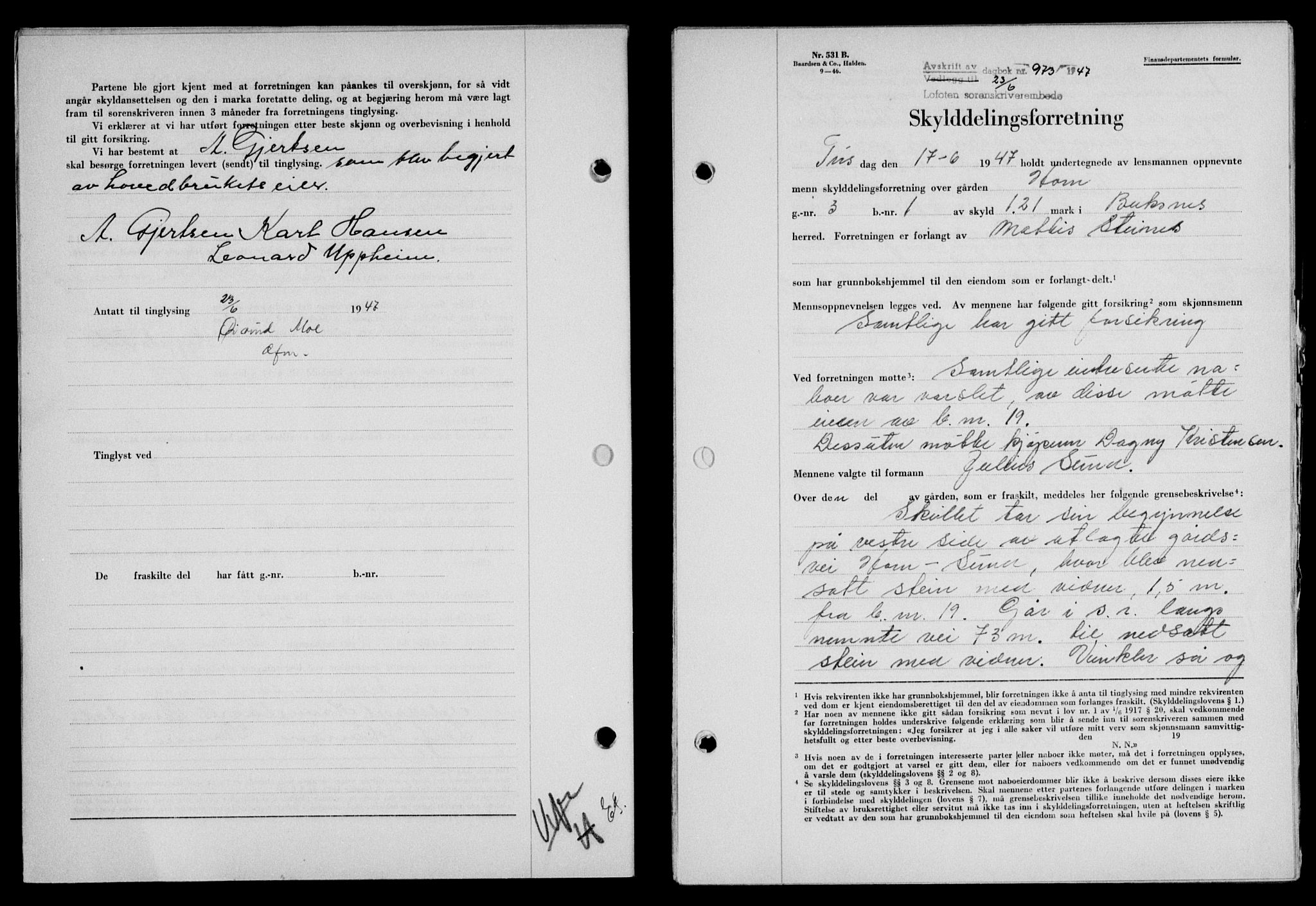 Lofoten sorenskriveri, SAT/A-0017/1/2/2C/L0016a: Mortgage book no. 16a, 1947-1947, Diary no: : 973/1947