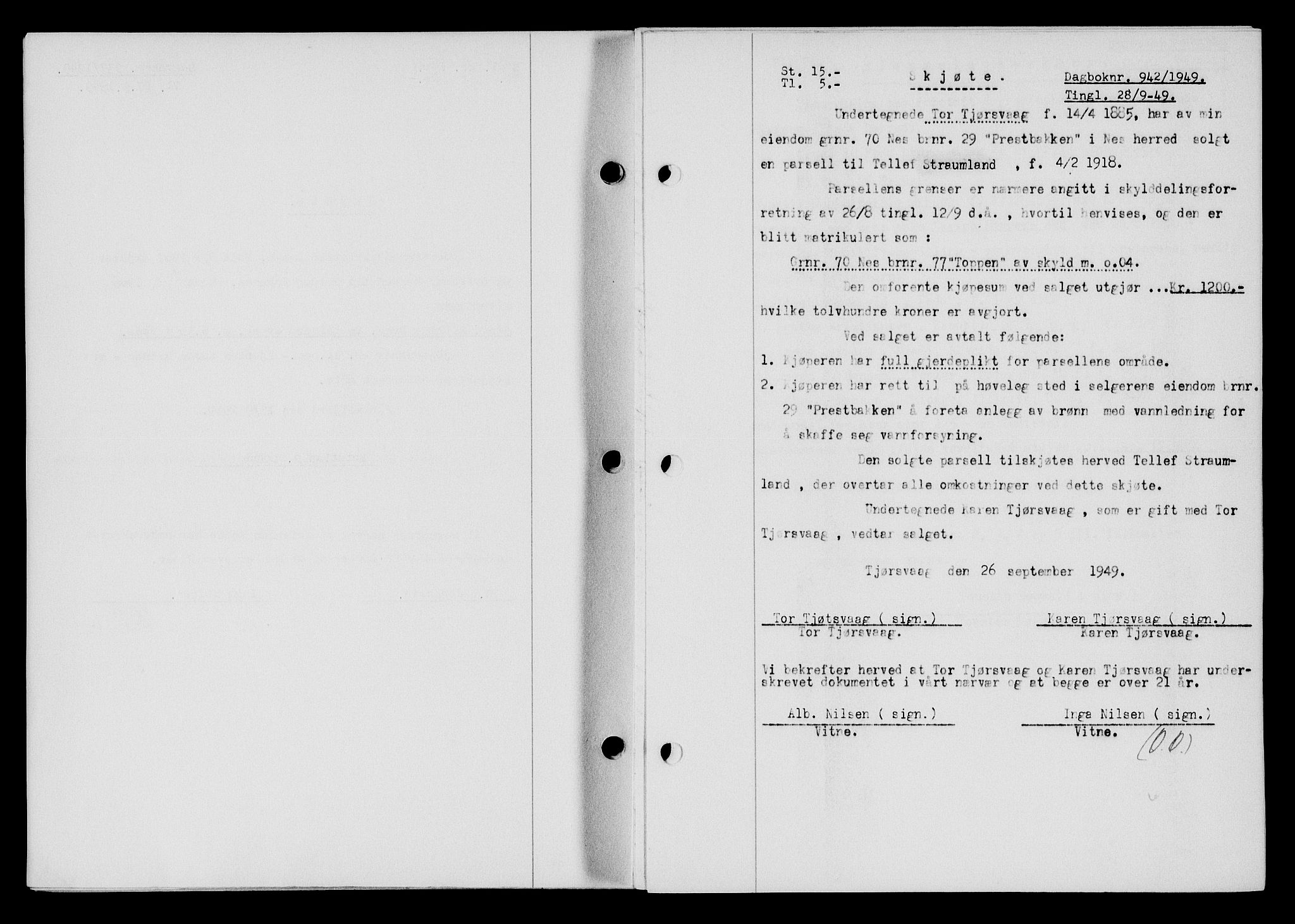 Flekkefjord sorenskriveri, SAK/1221-0001/G/Gb/Gba/L0065: Mortgage book no. A-13, 1949-1949, Diary no: : 942/1949