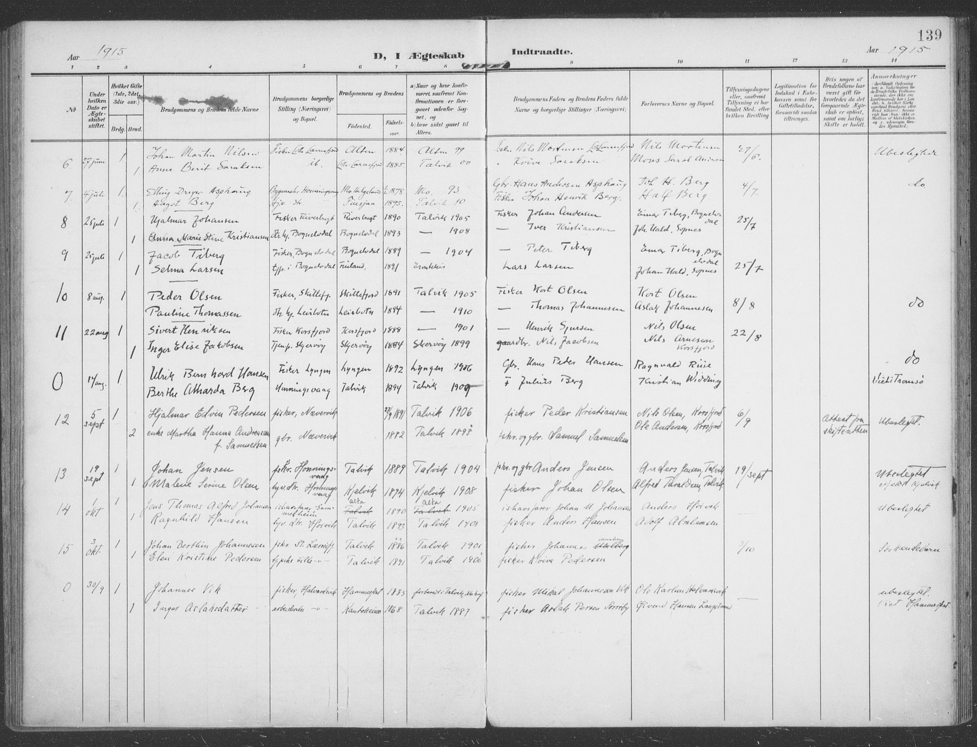 Talvik sokneprestkontor, AV/SATØ-S-1337/H/Ha/L0017kirke: Parish register (official) no. 17, 1906-1915, p. 139