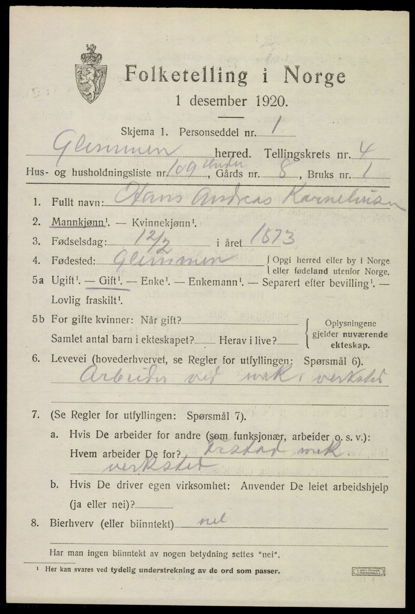 SAO, 1920 census for Glemmen, 1920, p. 14601