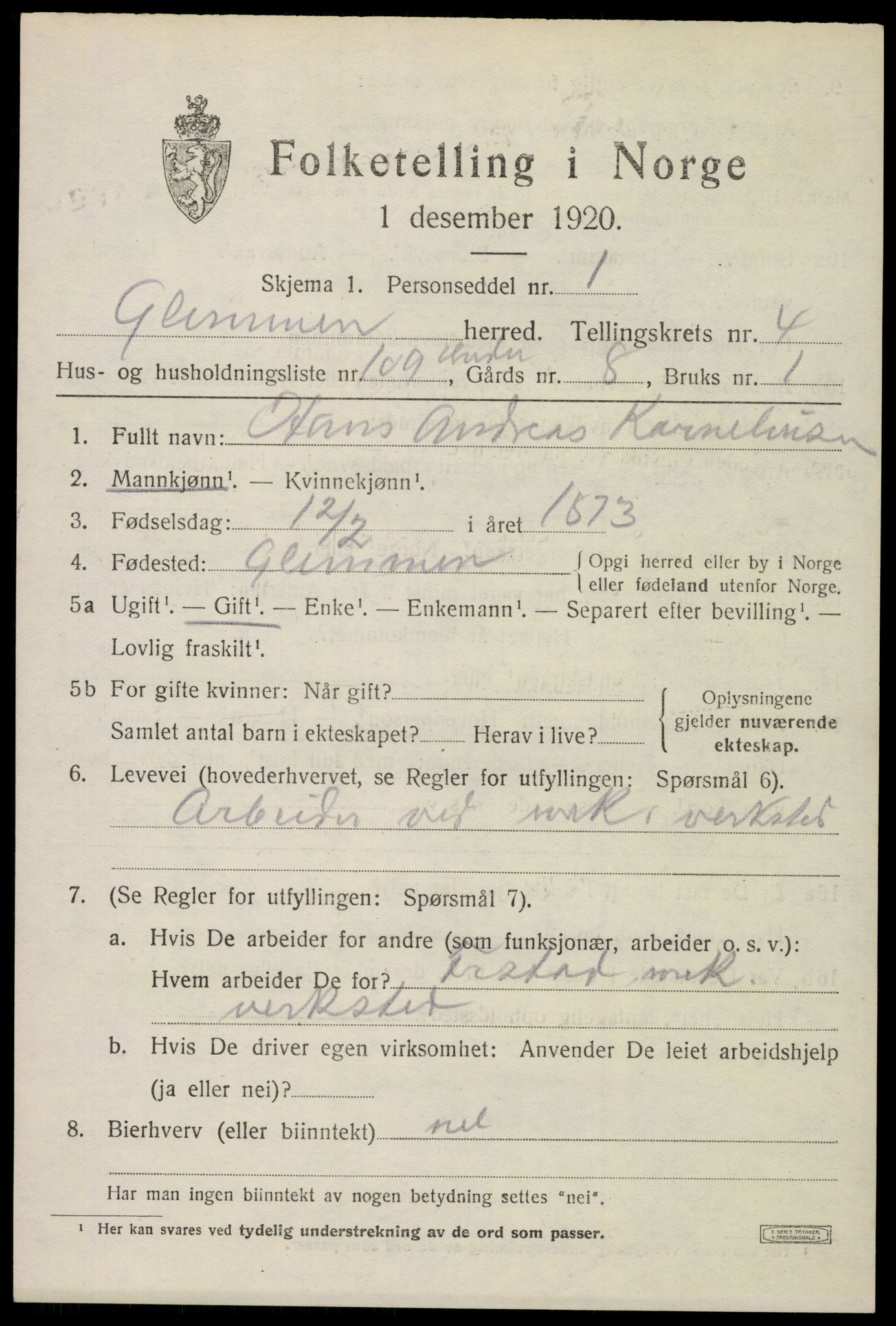 SAO, 1920 census for Glemmen, 1920, p. 14601