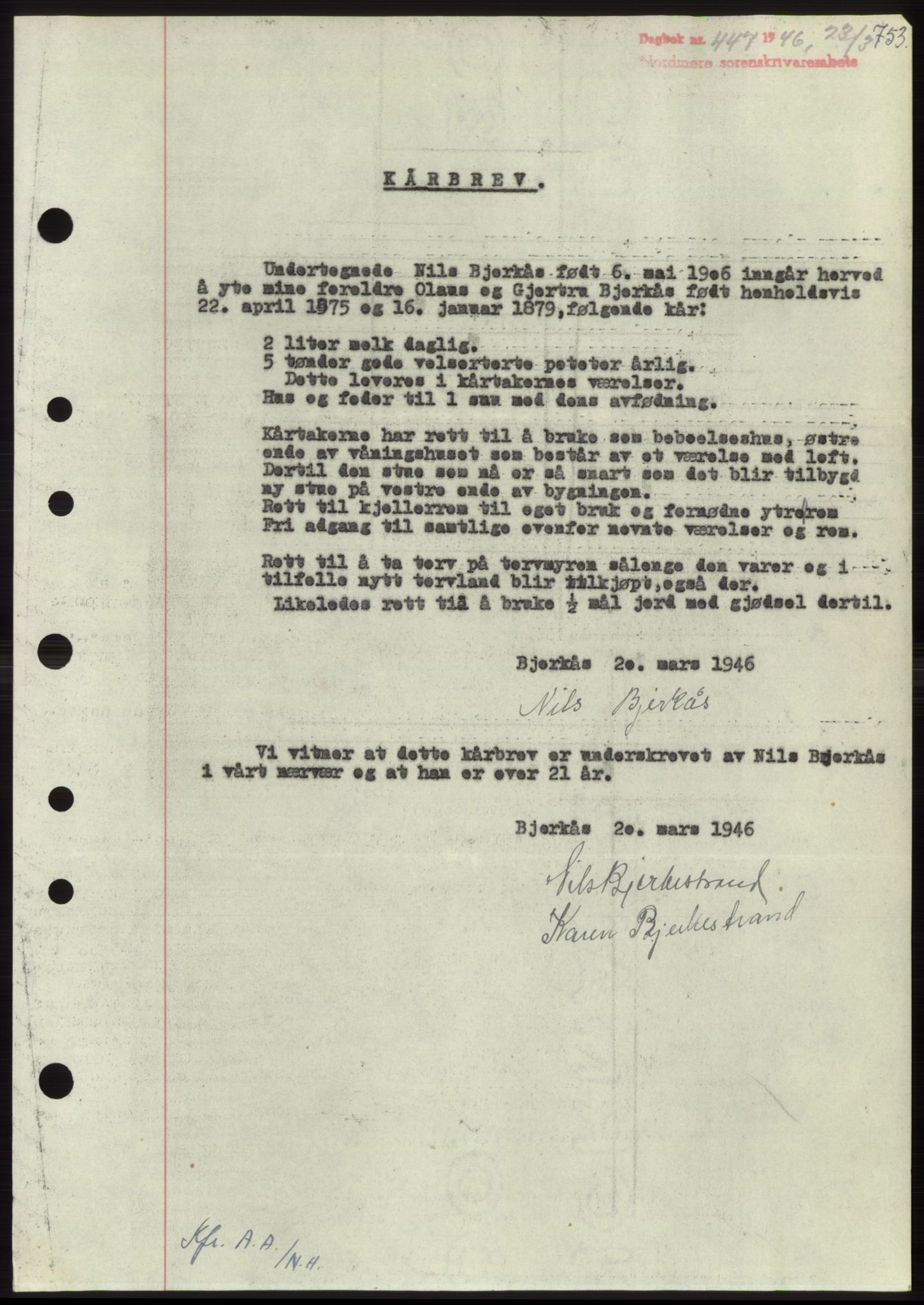 Nordmøre sorenskriveri, AV/SAT-A-4132/1/2/2Ca: Mortgage book no. B93b, 1946-1946, Diary no: : 447/1946