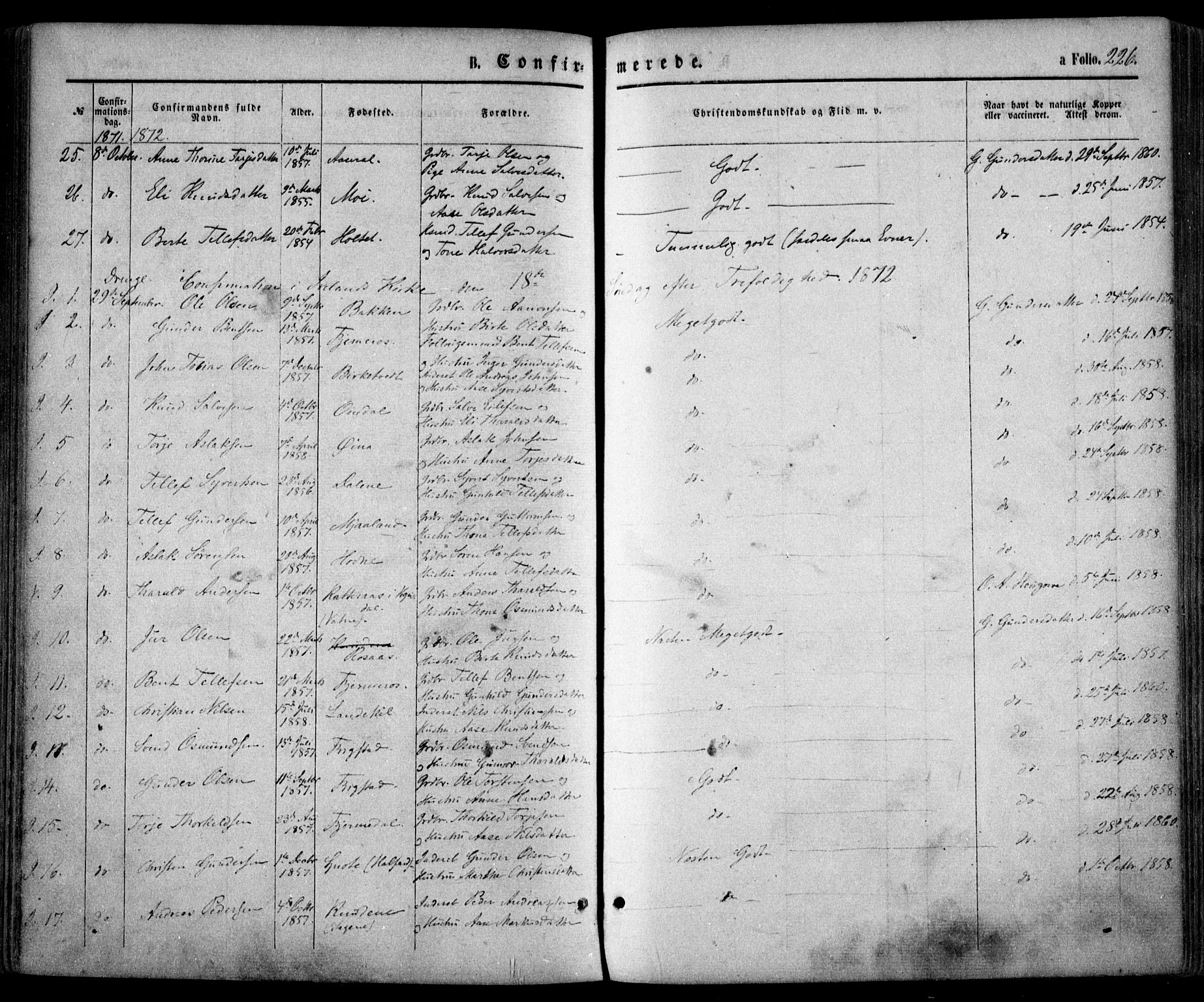 Evje sokneprestkontor, AV/SAK-1111-0008/F/Fa/Faa/L0006: Parish register (official) no. A 6, 1866-1884, p. 226