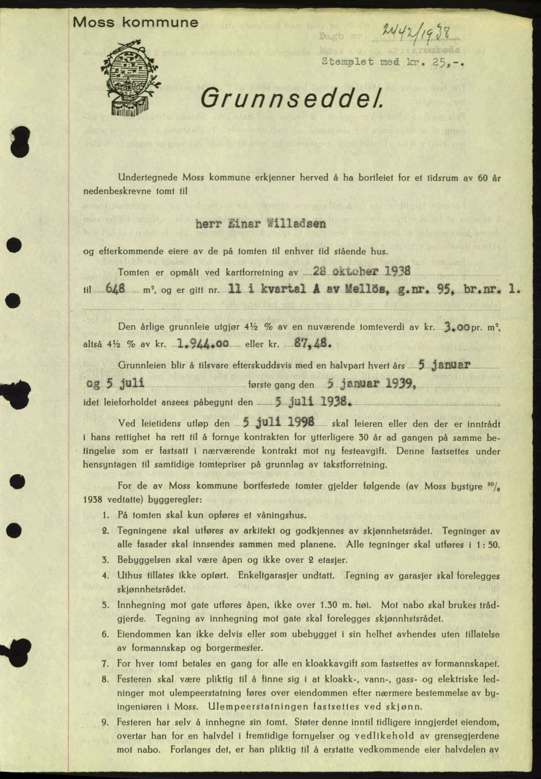Moss sorenskriveri, SAO/A-10168: Mortgage book no. A5, 1938-1939, Diary no: : 2442/1938