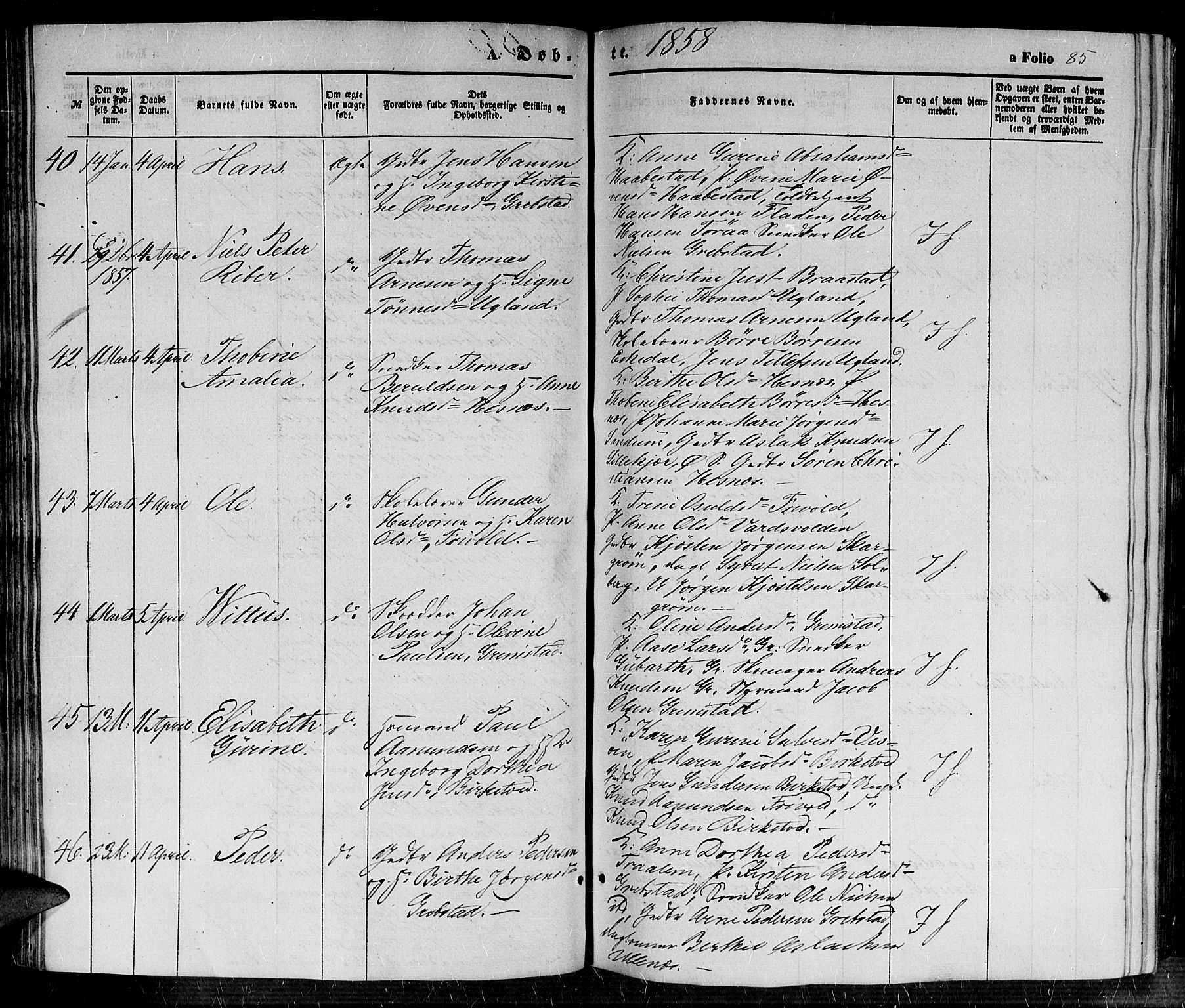 Fjære sokneprestkontor, SAK/1111-0011/F/Fb/L0008: Parish register (copy) no. B 8, 1854-1867, p. 85
