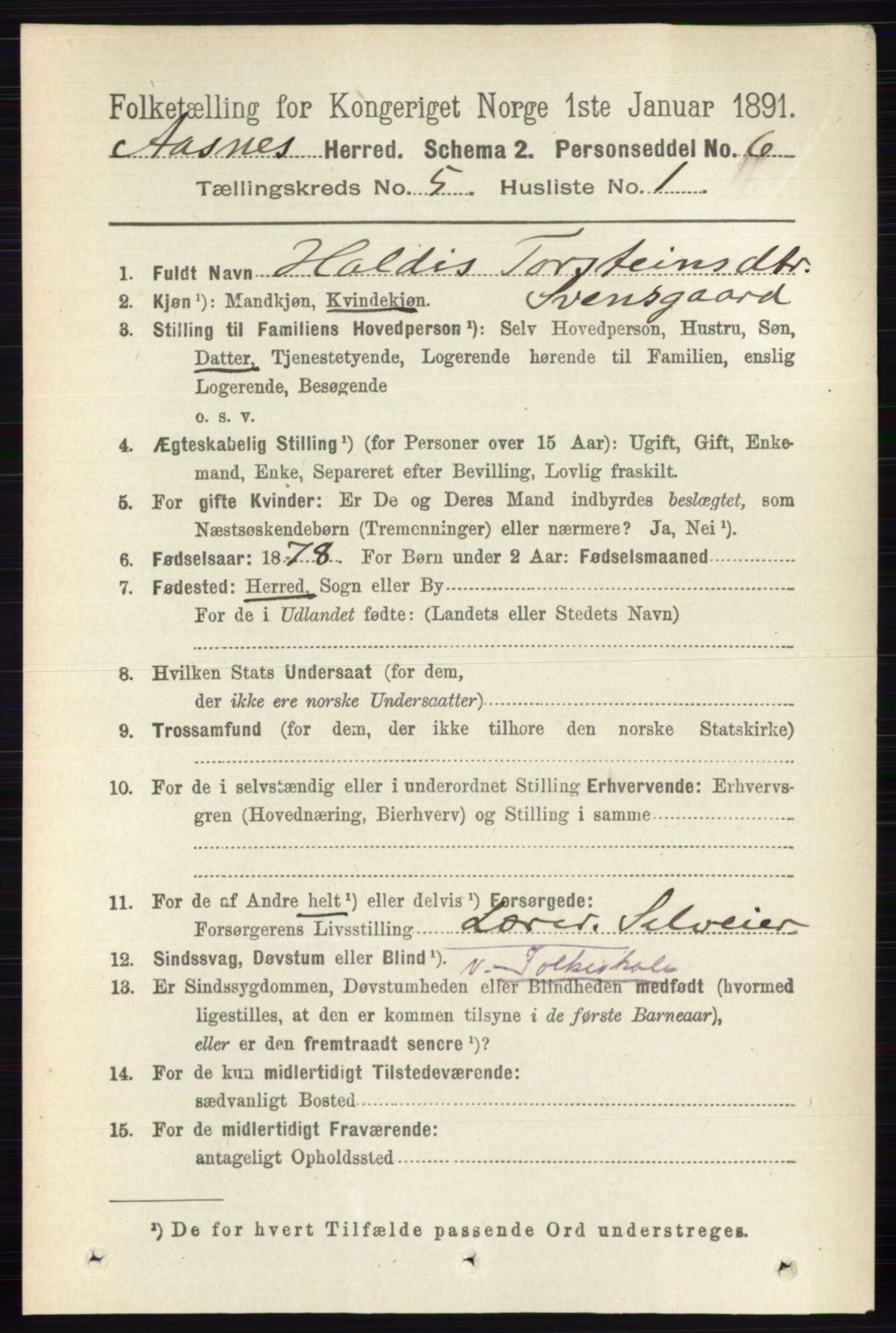 RA, 1891 census for 0425 Åsnes, 1891, p. 2435