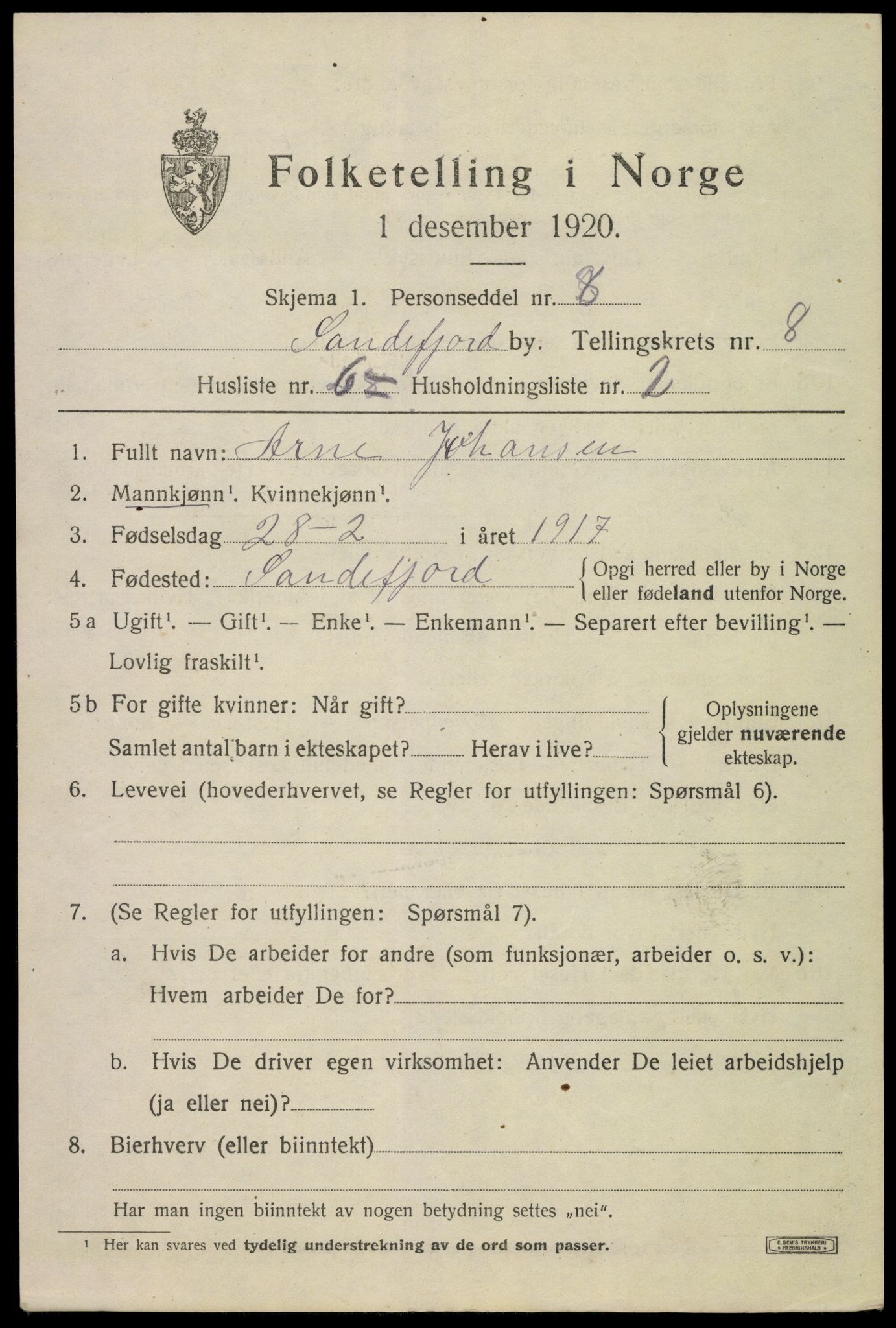 SAKO, 1920 census for Sandefjord, 1920, p. 11722