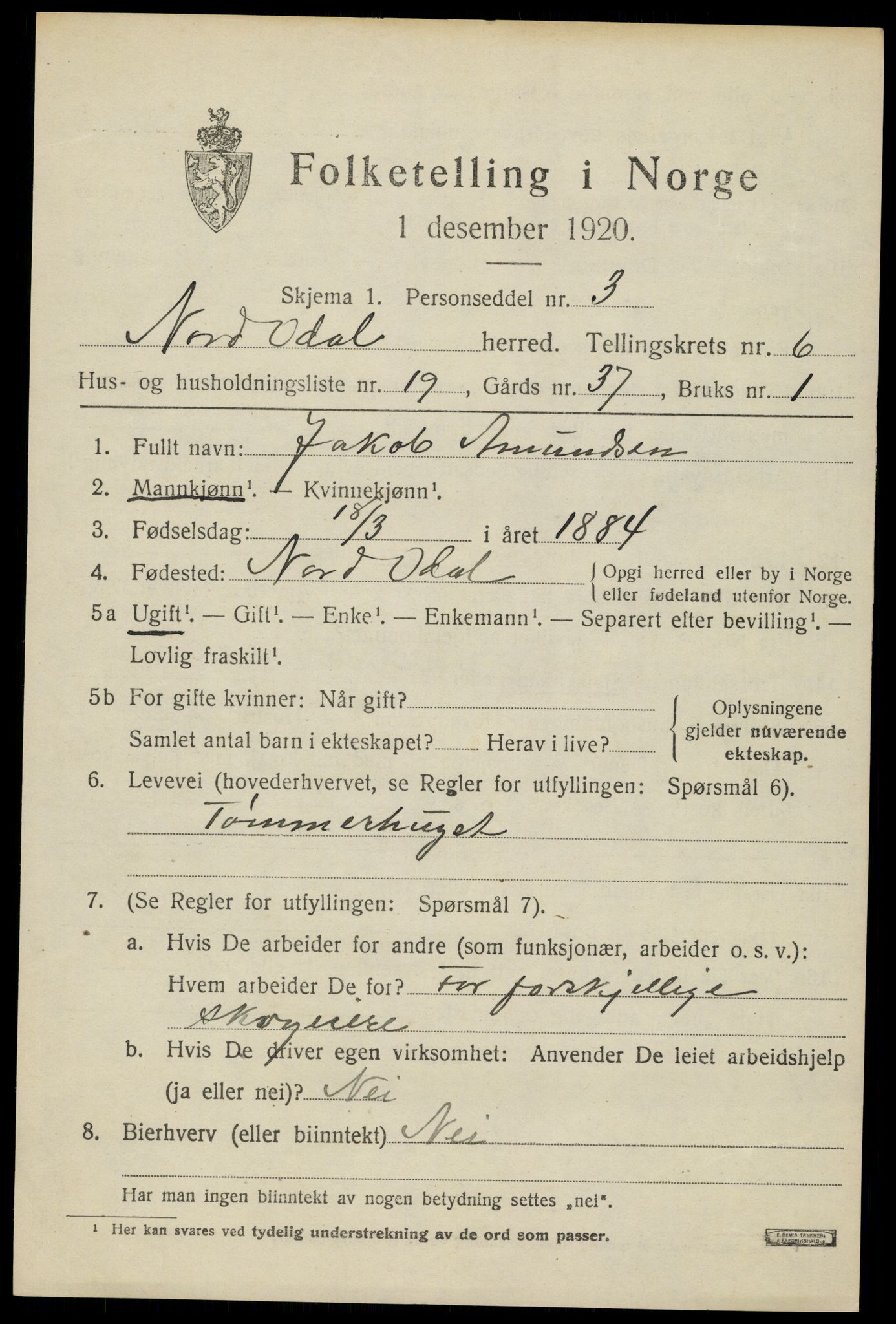 SAH, 1920 census for Nord-Odal, 1920, p. 6825