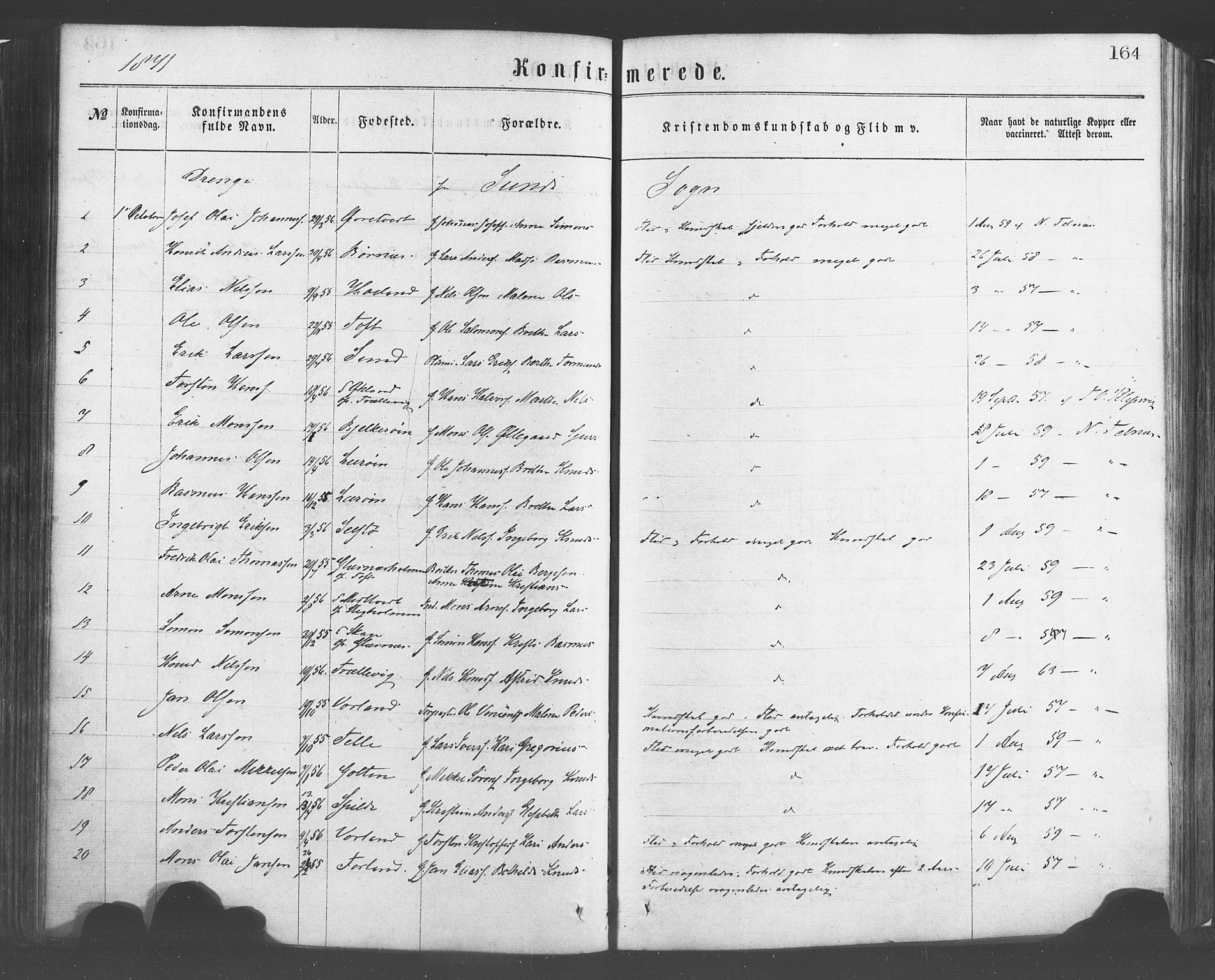 Sund sokneprestembete, AV/SAB-A-99930: Parish register (official) no. A 15, 1867-1881, p. 164