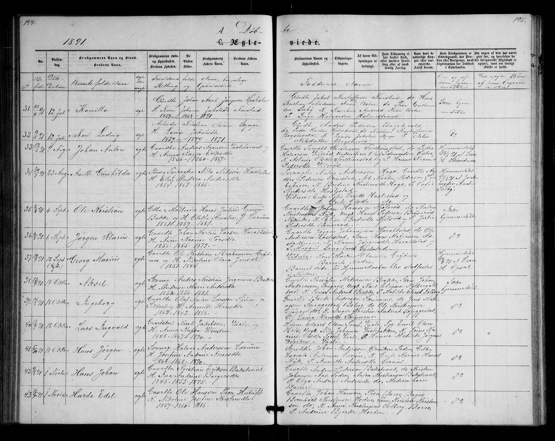 Våle kirkebøker, AV/SAKO-A-334/G/Ga/L0004a: Parish register (copy) no. I 4, 1874-1893, p. 194-195