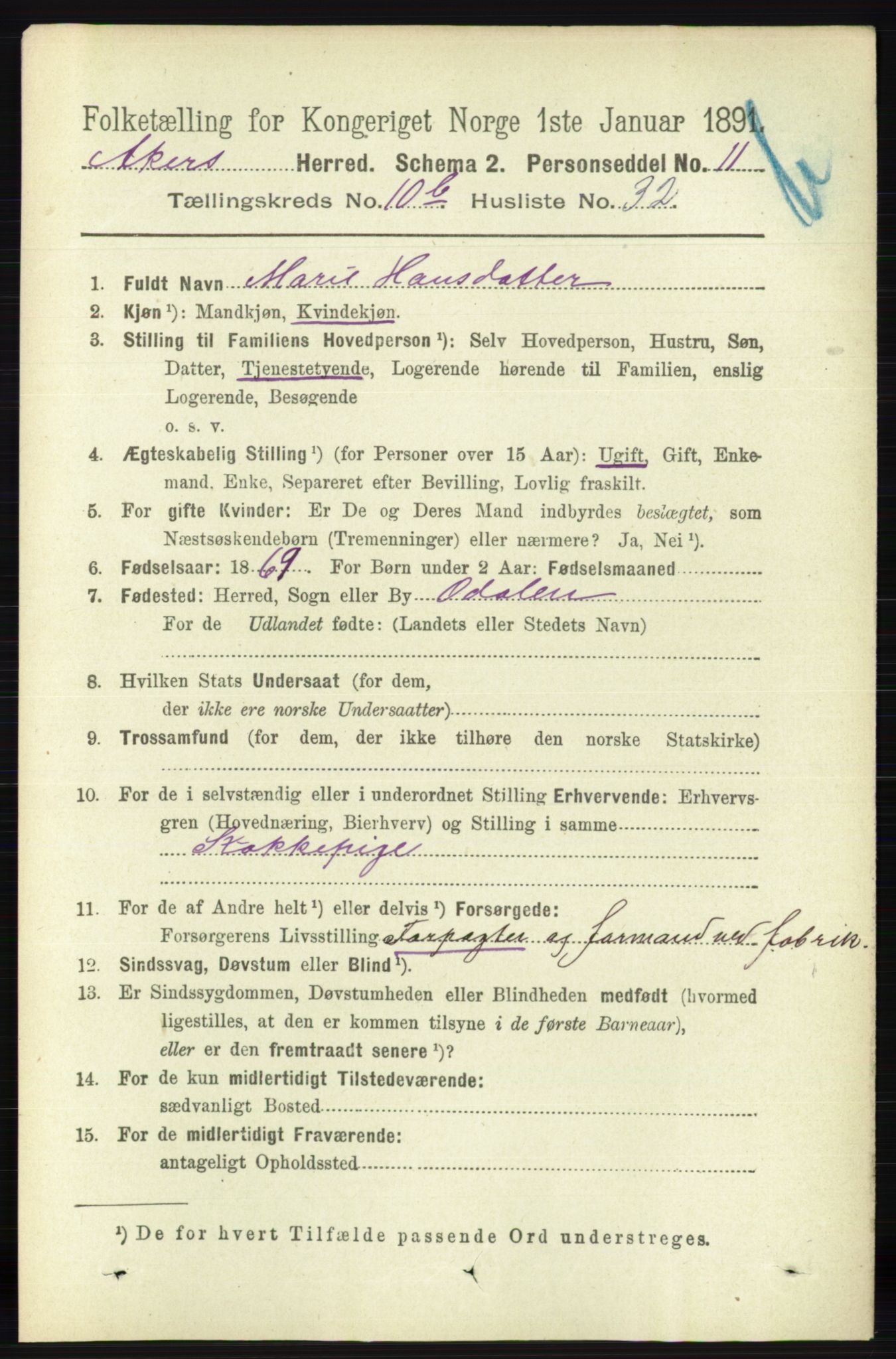 RA, 1891 census for 0218 Aker, 1891, p. 10038