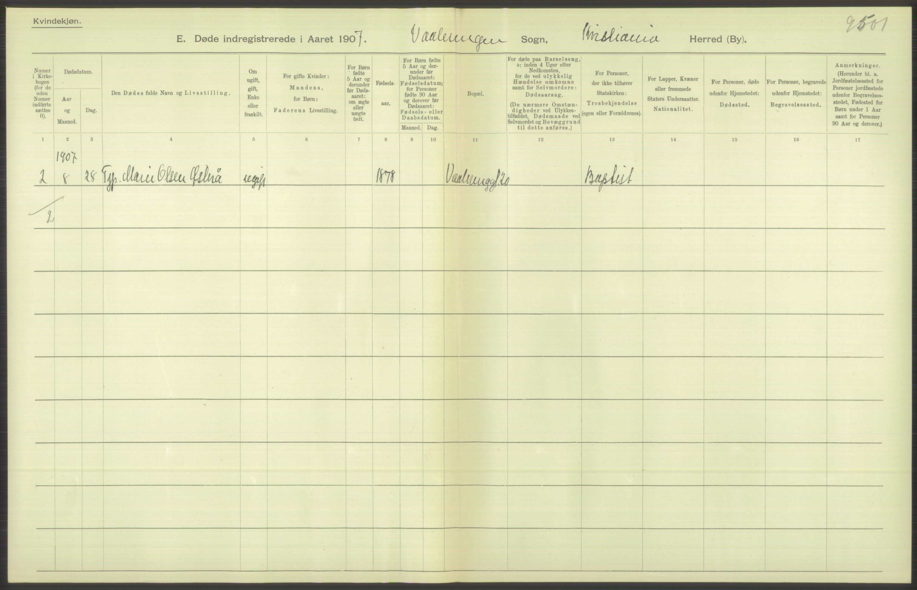 Statistisk sentralbyrå, Sosiodemografiske emner, Befolkning, RA/S-2228/D/Df/Dfa/Dfae/L0009: Kristiania: Døde, 1907, p. 498