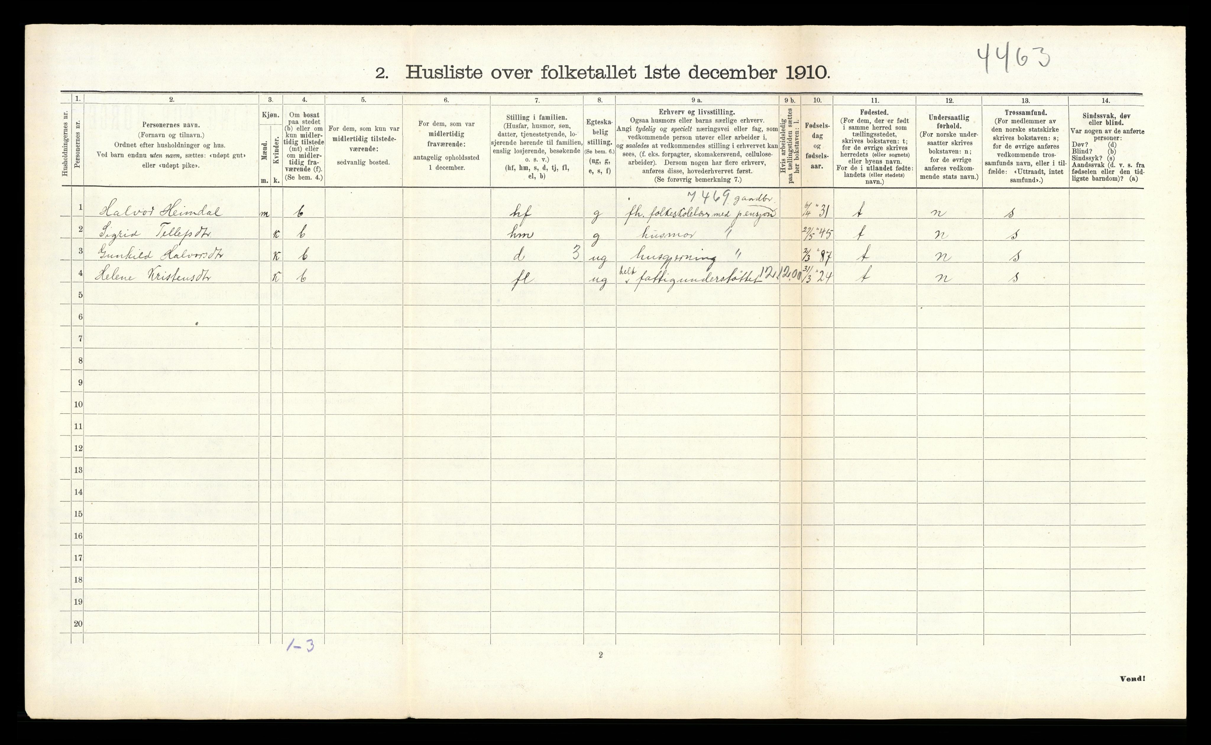 RA, 1910 census for Vegusdal, 1910, p. 210