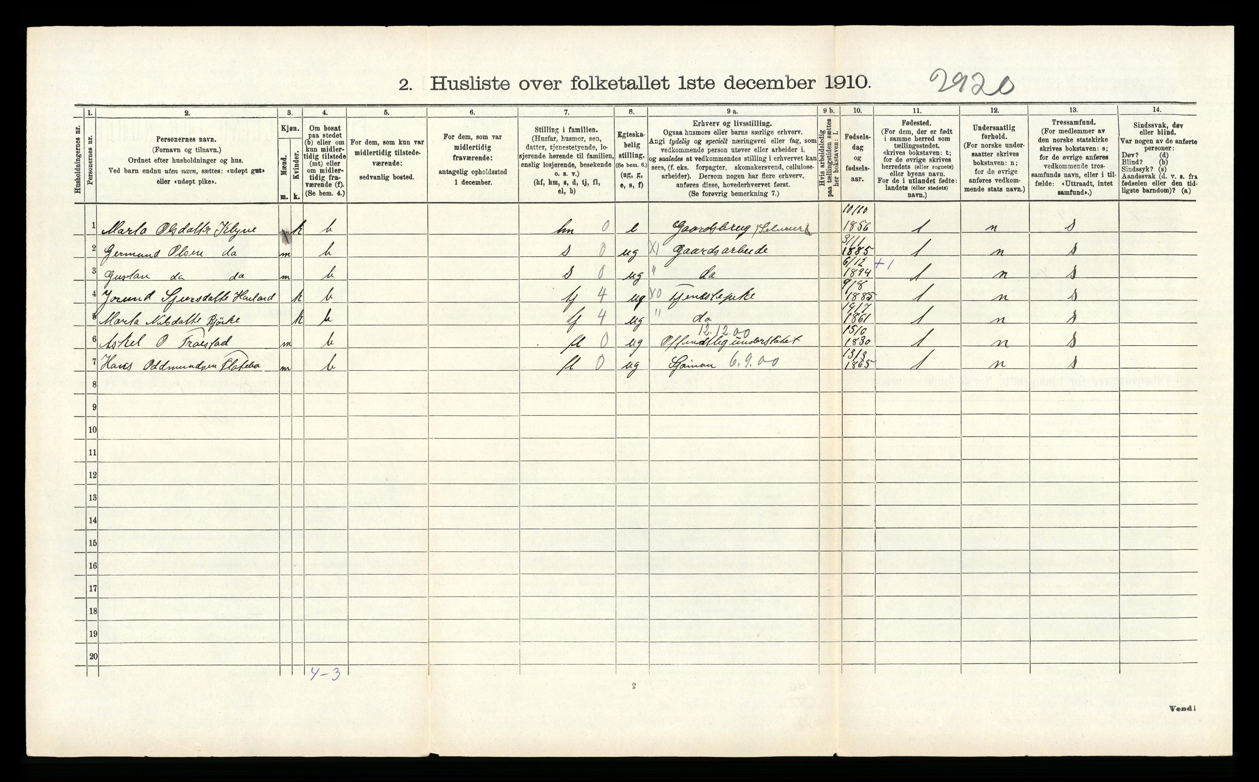 RA, 1910 census for Kvam, 1910, p. 1112