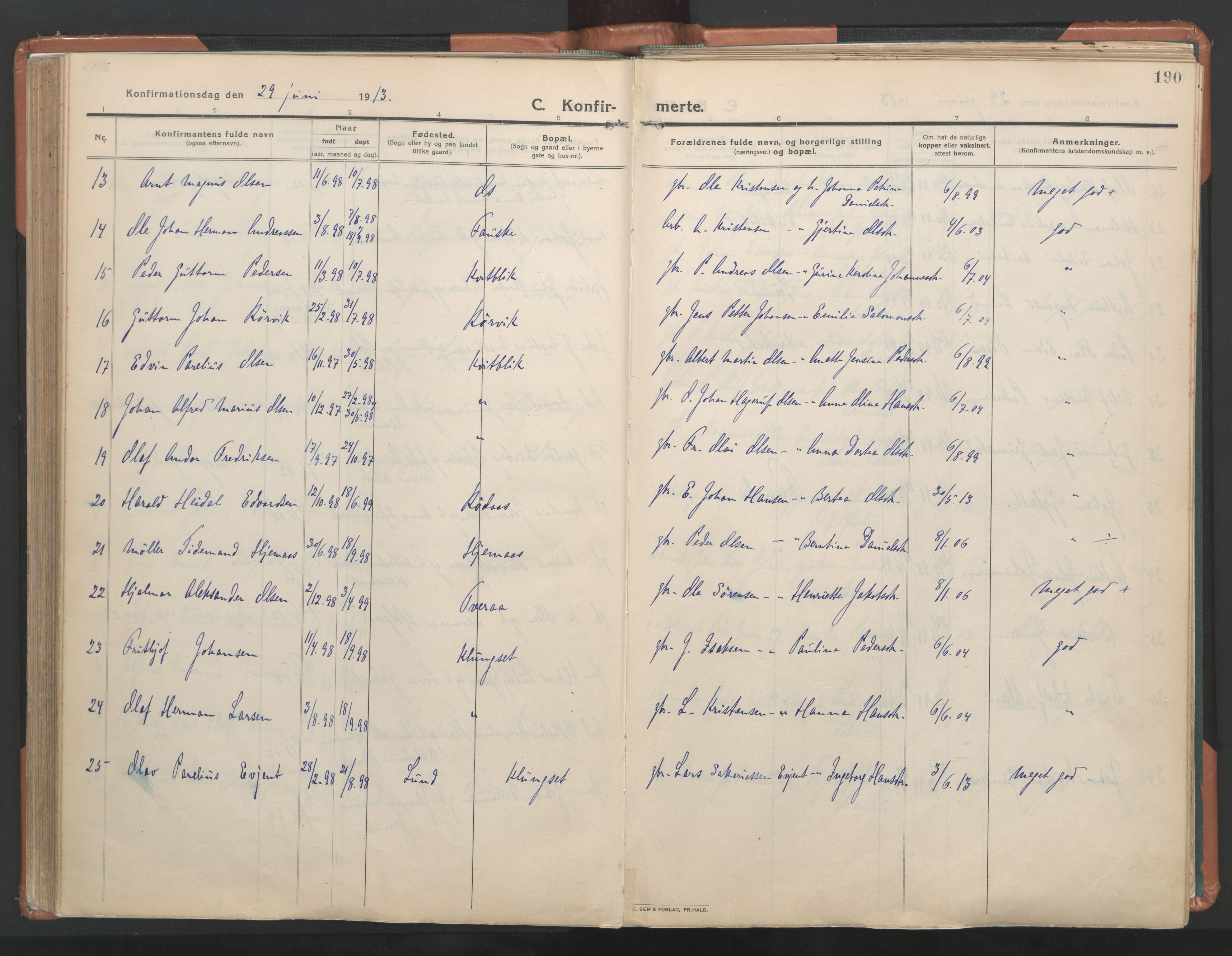 Ministerialprotokoller, klokkerbøker og fødselsregistre - Nordland, SAT/A-1459/849/L0698: Parish register (official) no. 849A09, 1911-1924, p. 190