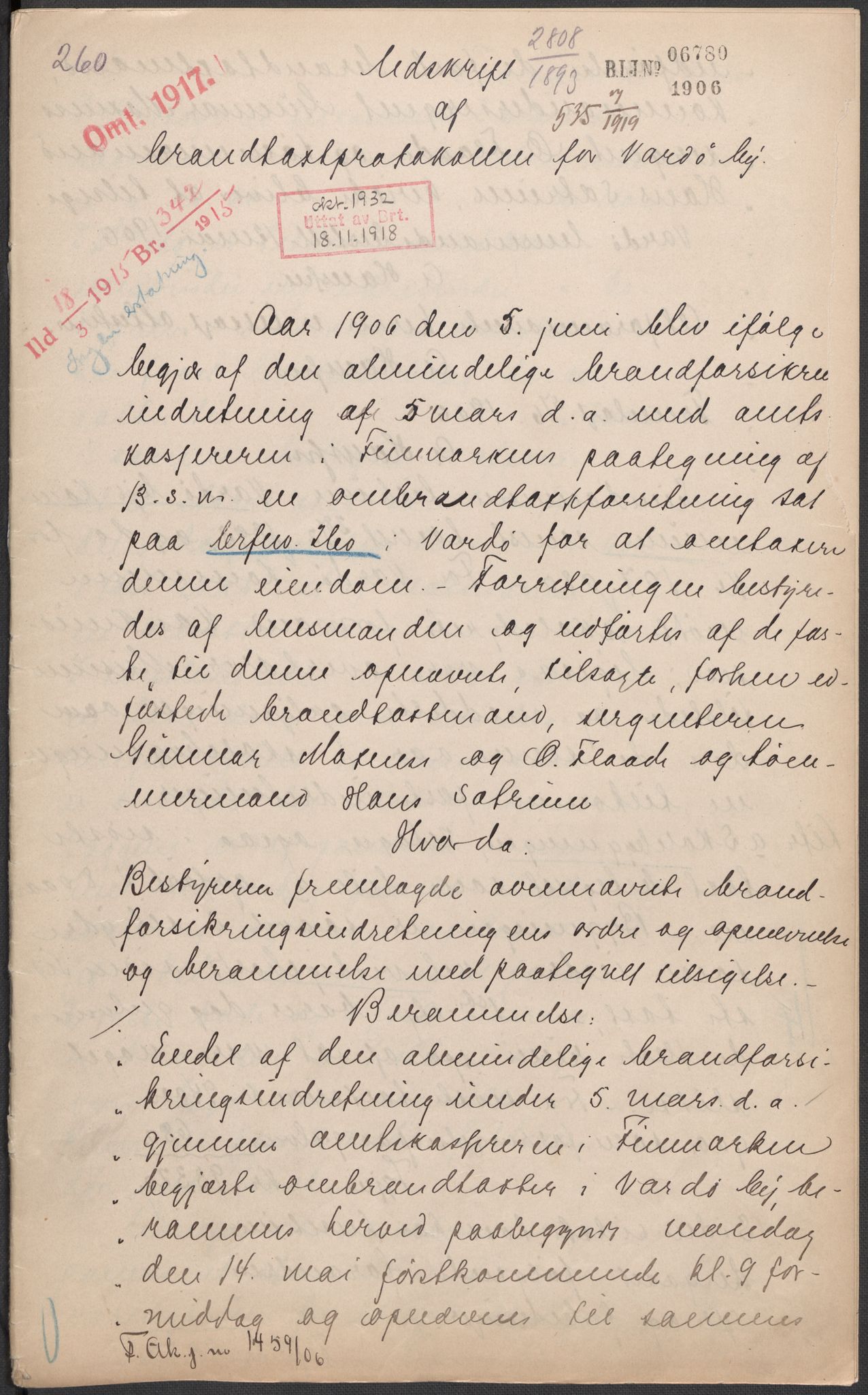 Norges Brannkasse, RA/S-1549/E/Eu/L0017: Branntakster for Vardø by, 1864-1955, p. 291