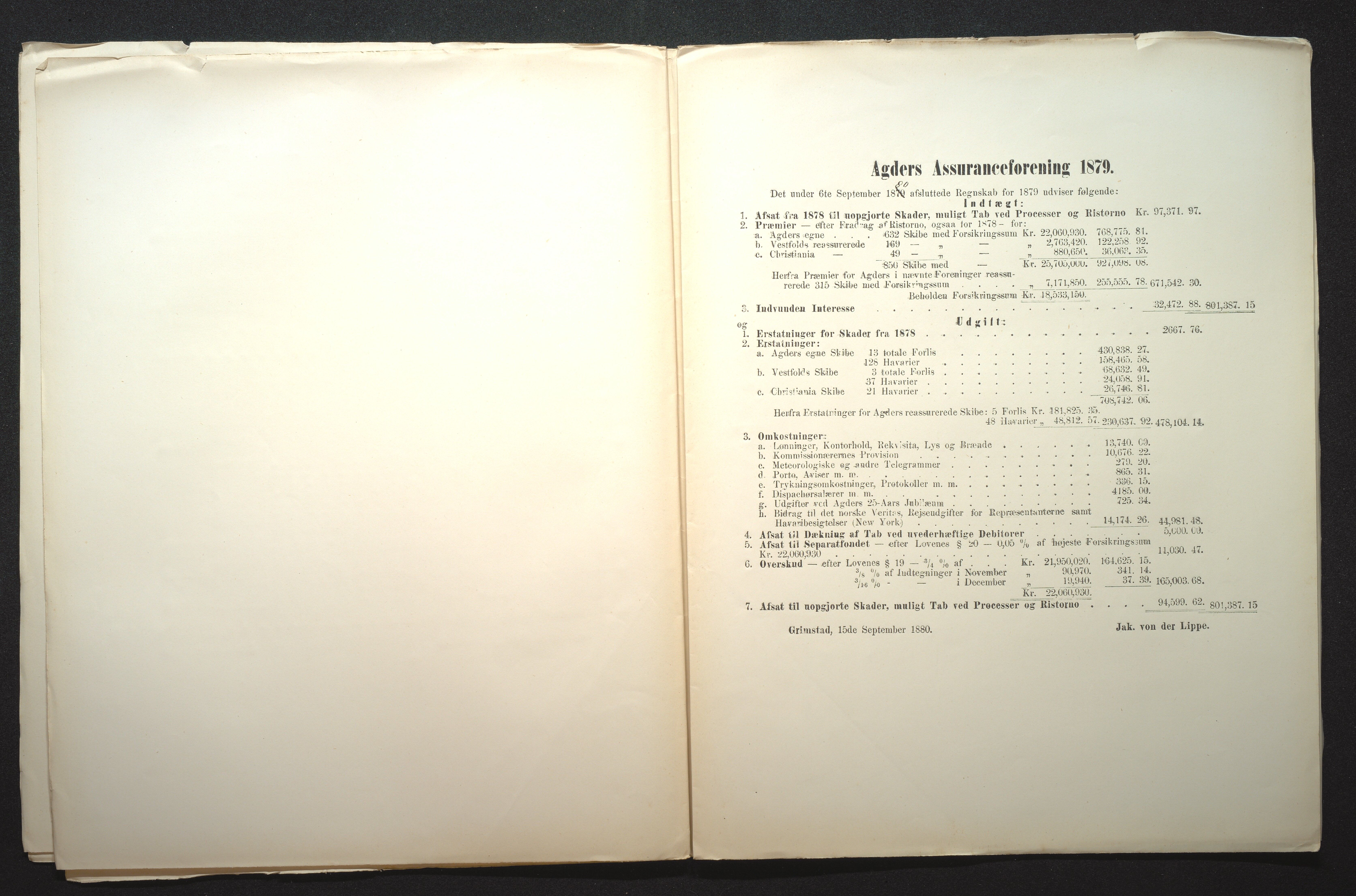 Agders Gjensidige Assuranceforening, AAKS/PA-1718/05/L0001: Regnskap, seilavdeling, pakkesak, 1855-1880