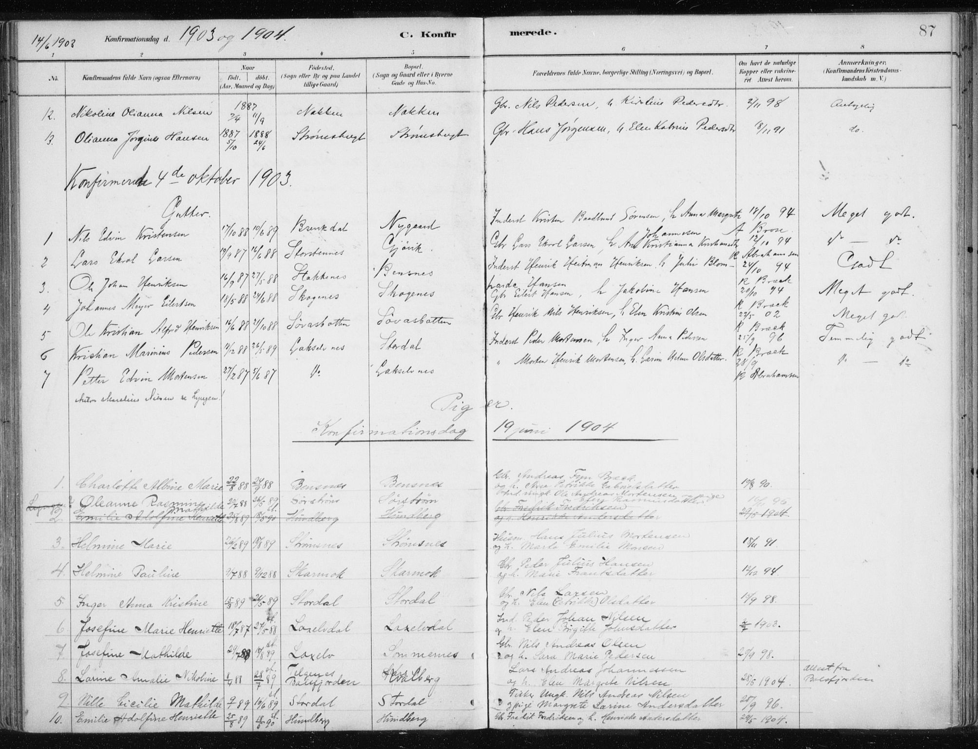 Lyngen sokneprestembete, AV/SATØ-S-1289/H/He/Hea/L0010kirke: Parish register (official) no. 10, 1883-1904, p. 87