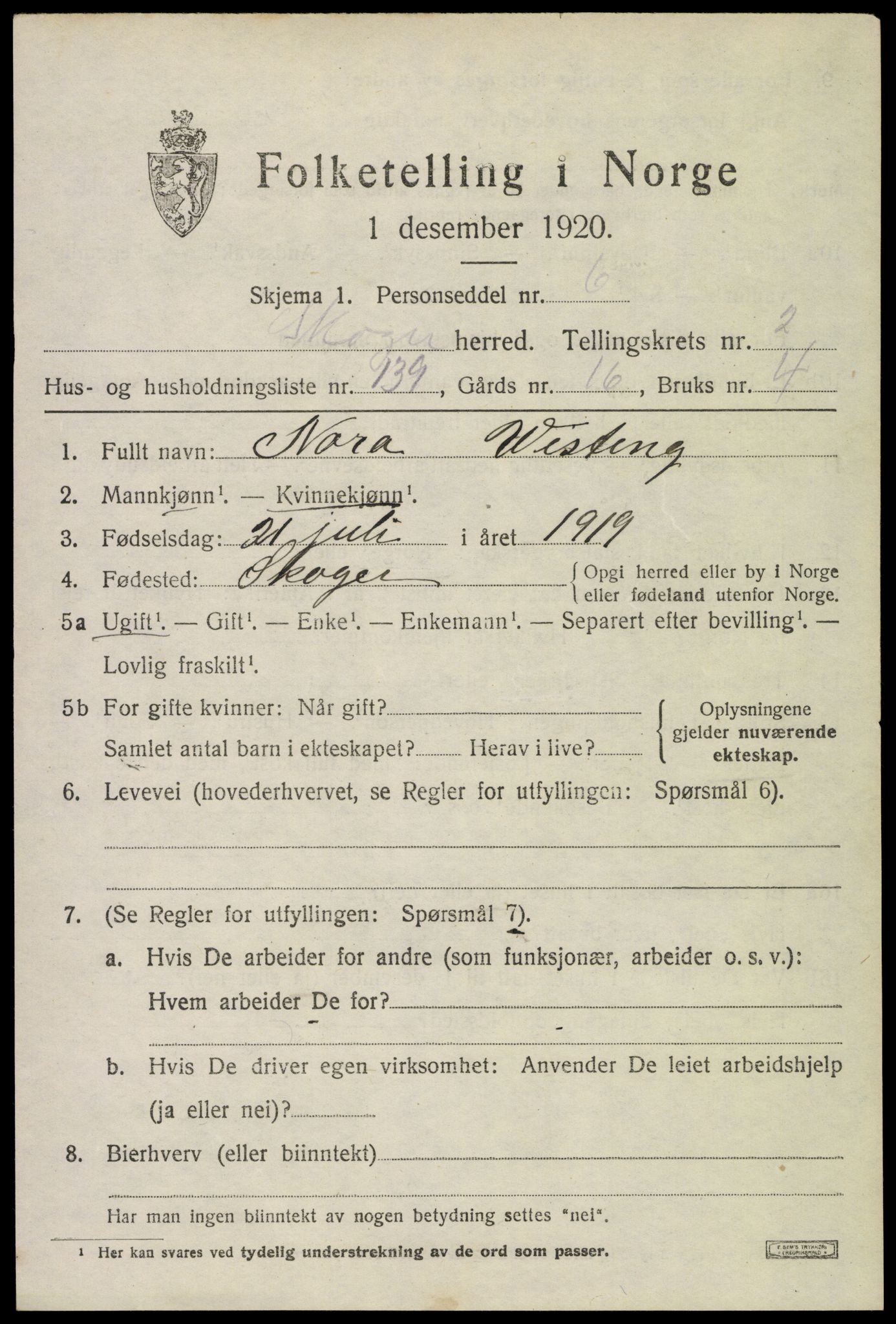 SAKO, 1920 census for Skoger, 1920, p. 7317