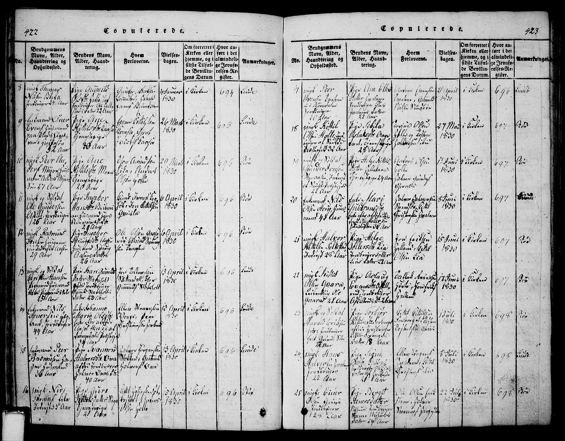 Bø kirkebøker, SAKO/A-257/G/Ga/L0001: Parish register (copy) no. 1, 1815-1831, p. 422-423