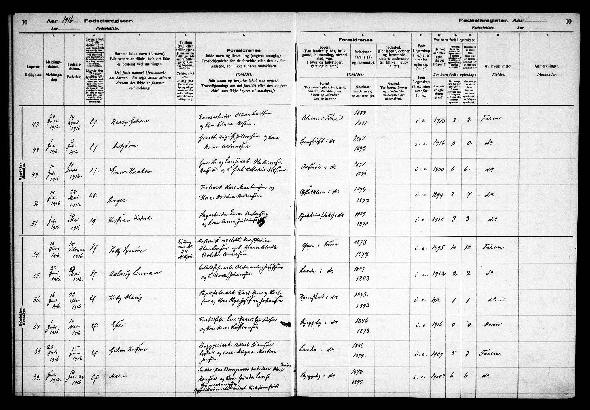 Tune prestekontor Kirkebøker, AV/SAO-A-2007/J/Ja/L0001: Birth register no. I 1, 1916-1928, p. 10