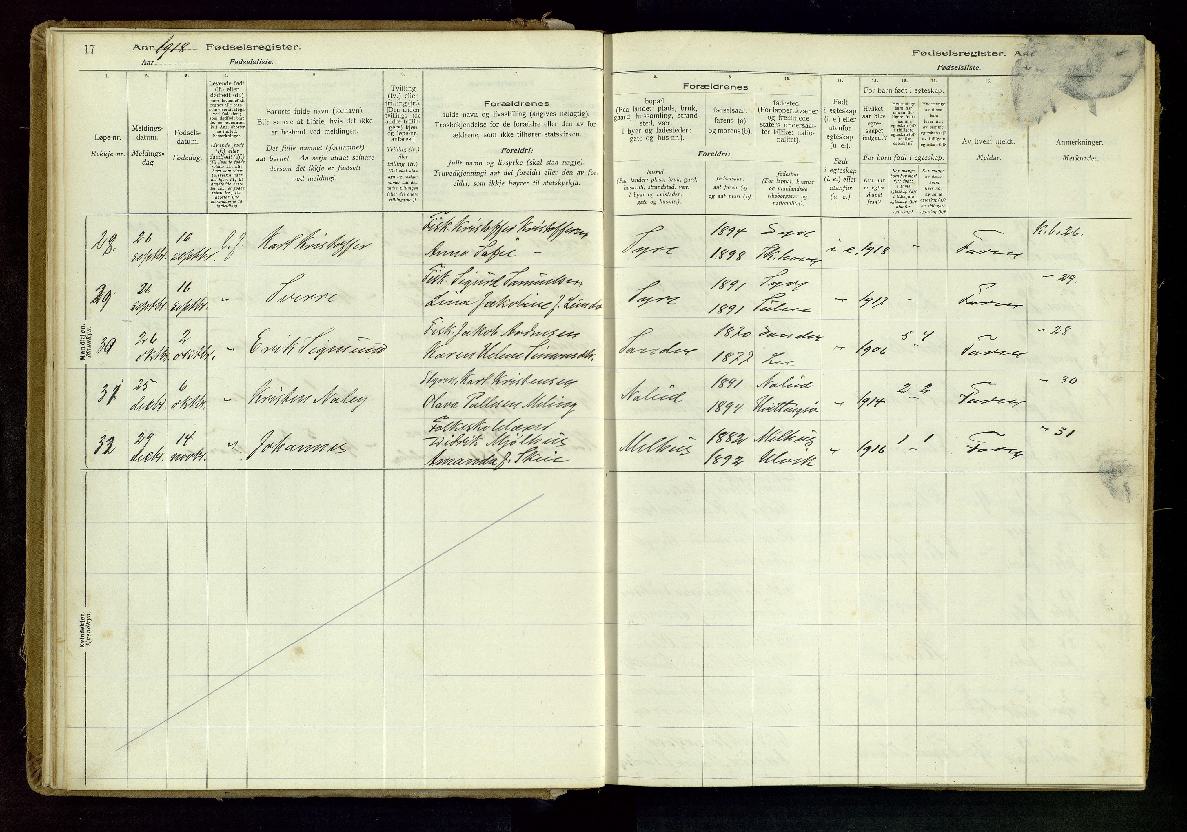 Skudenes sokneprestkontor, SAST/A -101849/I/Id/L0001: Birth register no. 1, 1916-1964, p. 17