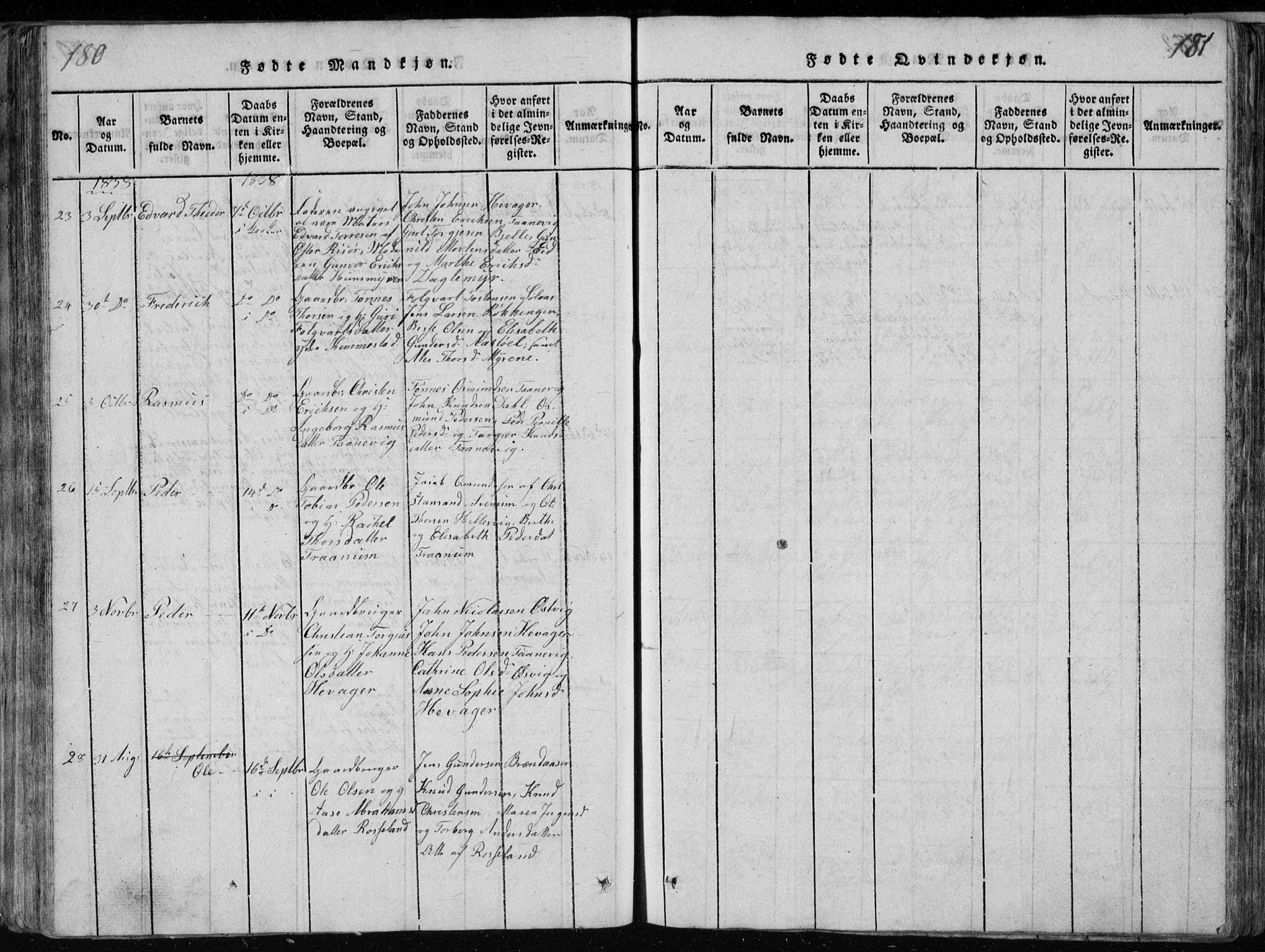 Søgne sokneprestkontor, SAK/1111-0037/F/Fb/Fbb/L0002: Parish register (copy) no. B 2, 1821-1838, p. 180-181