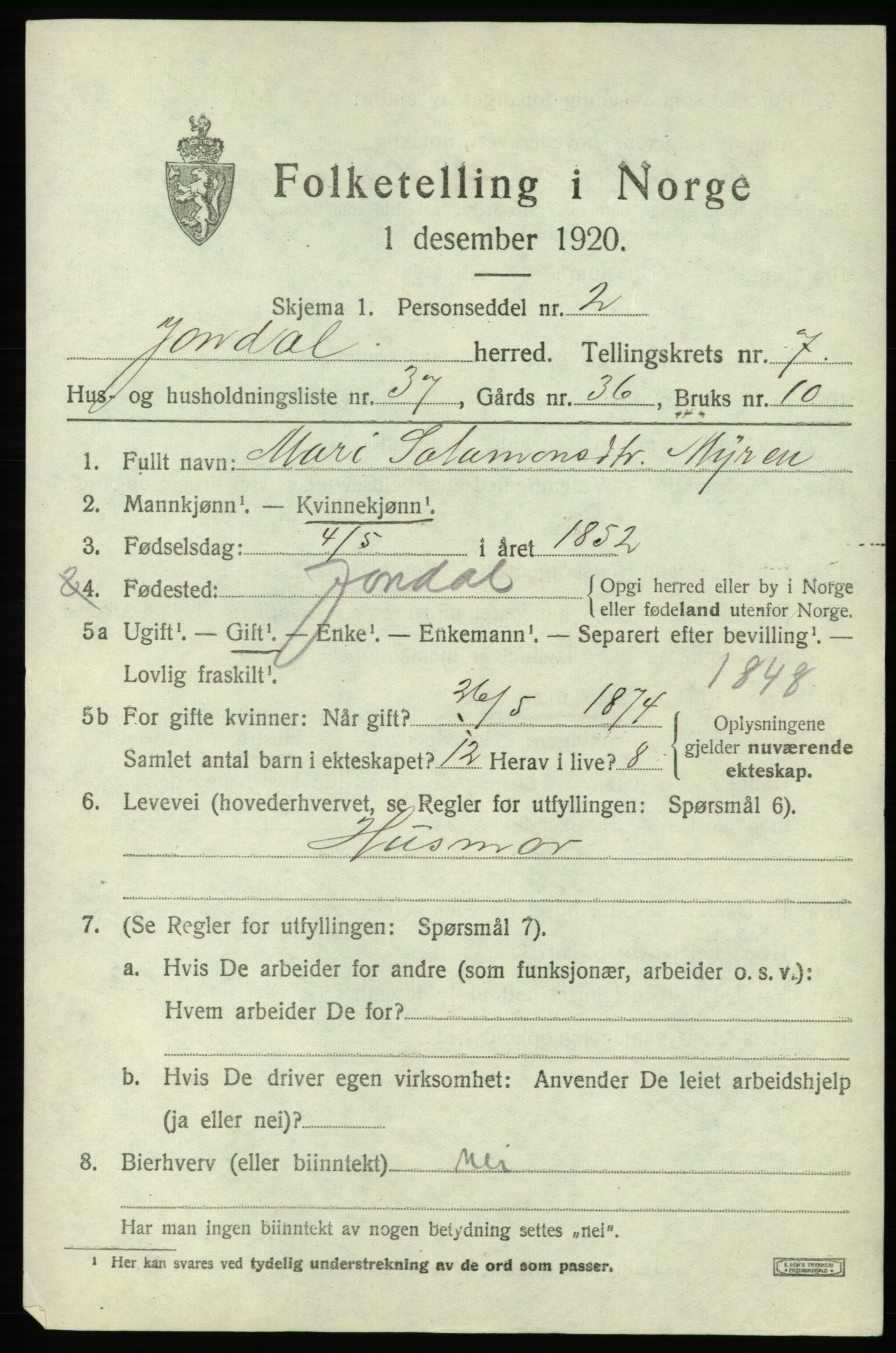 SAB, 1920 census for Jondal, 1920, p. 4232