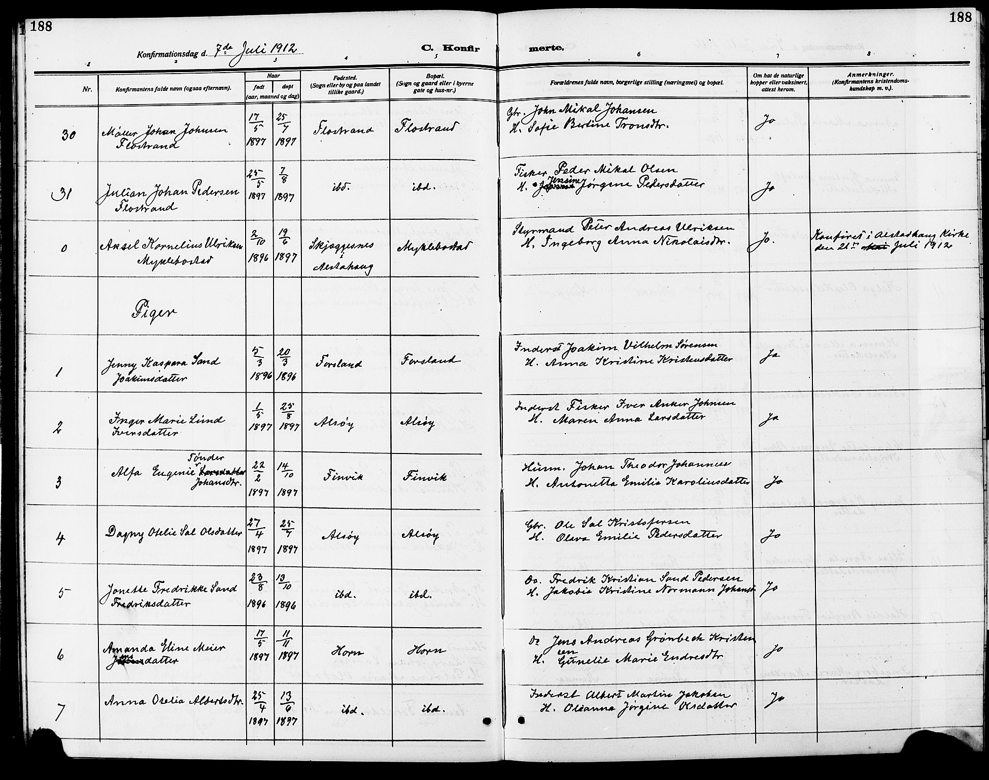 Ministerialprotokoller, klokkerbøker og fødselsregistre - Nordland, AV/SAT-A-1459/838/L0560: Parish register (copy) no. 838C07, 1910-1928, p. 188