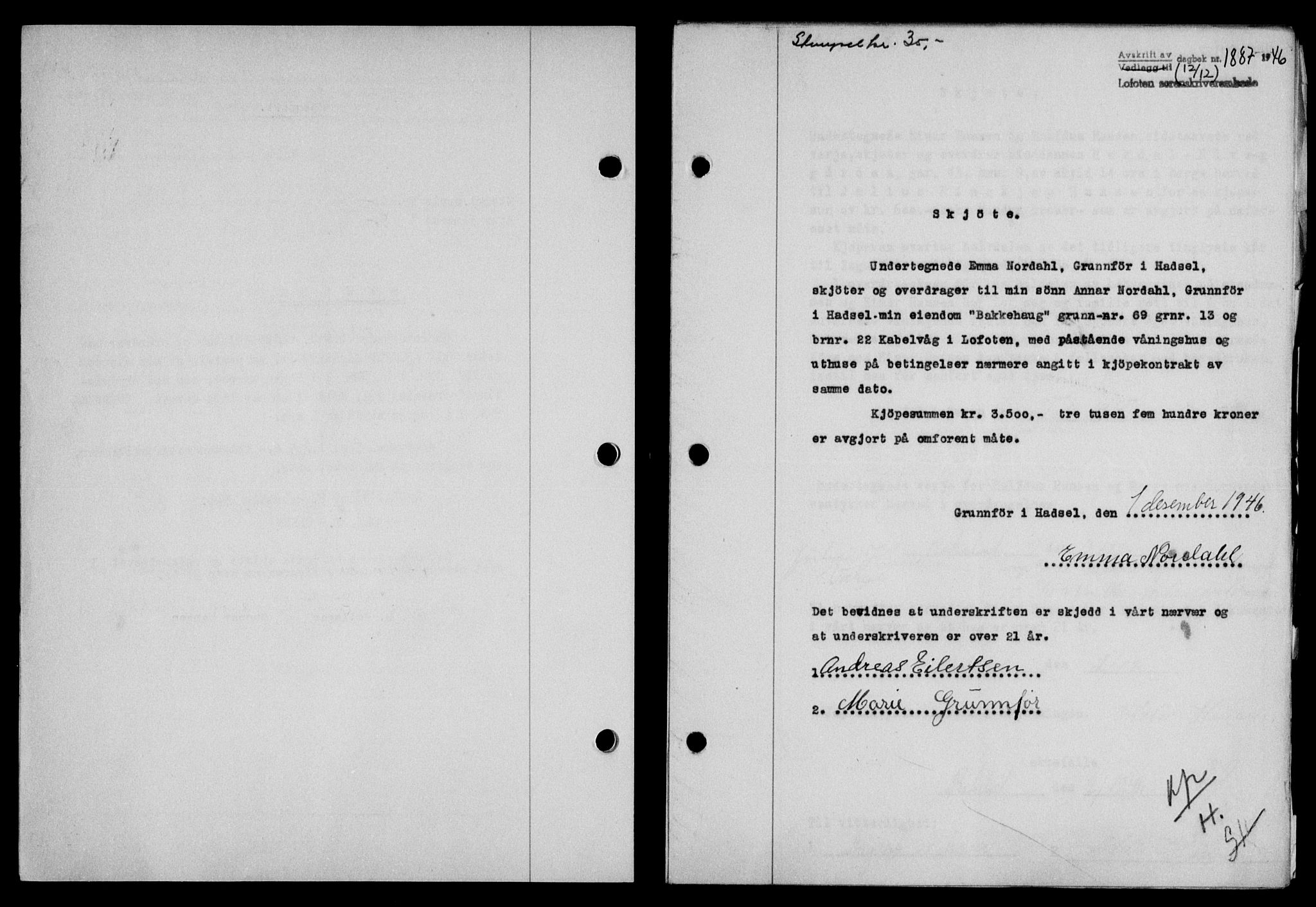 Lofoten sorenskriveri, SAT/A-0017/1/2/2C/L0015a: Mortgage book no. 15a, 1946-1947, Diary no: : 1887/1946