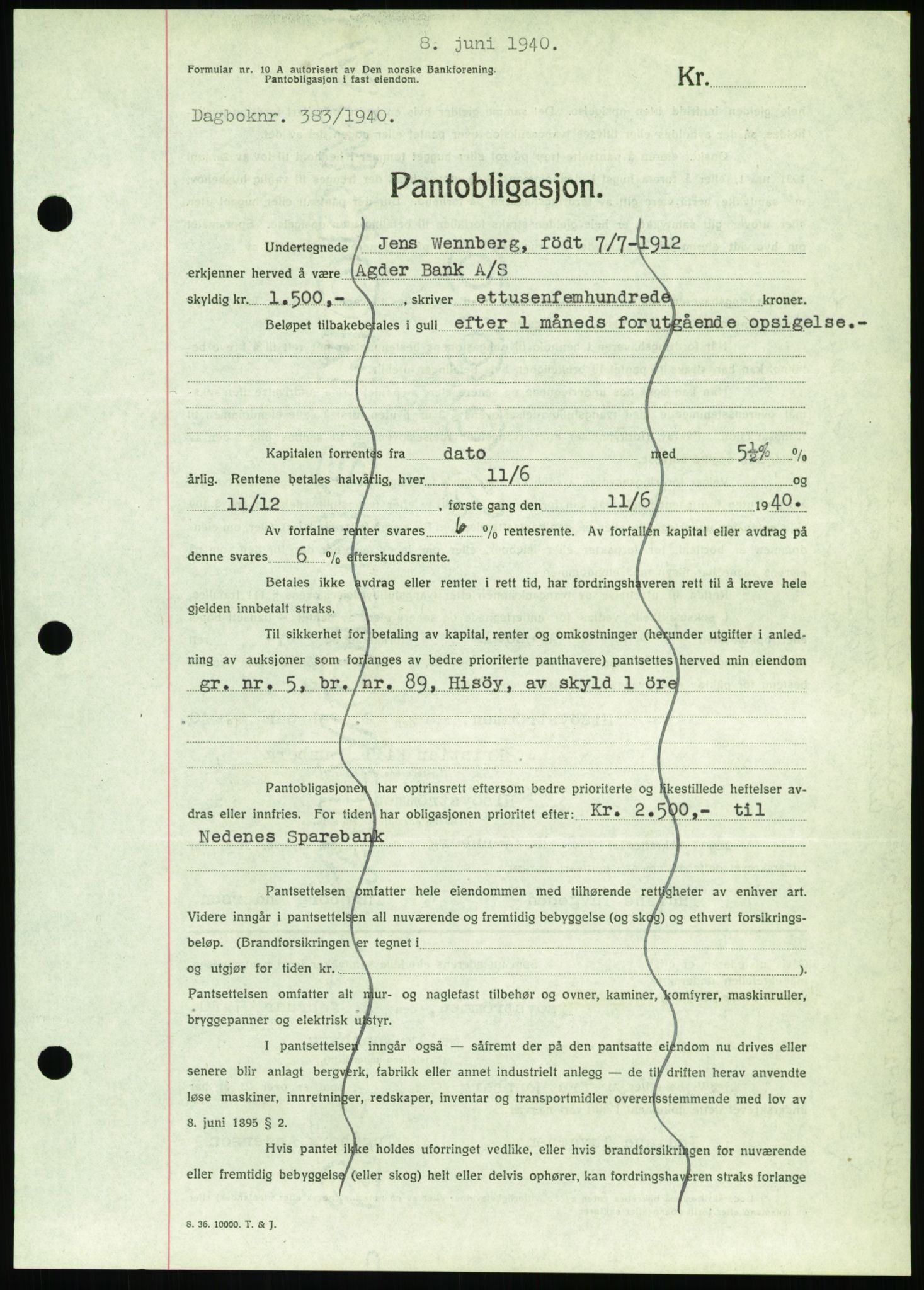 Nedenes sorenskriveri, AV/SAK-1221-0006/G/Gb/Gbb/L0001: Mortgage book no. I, 1939-1942, Diary no: : 383/1940