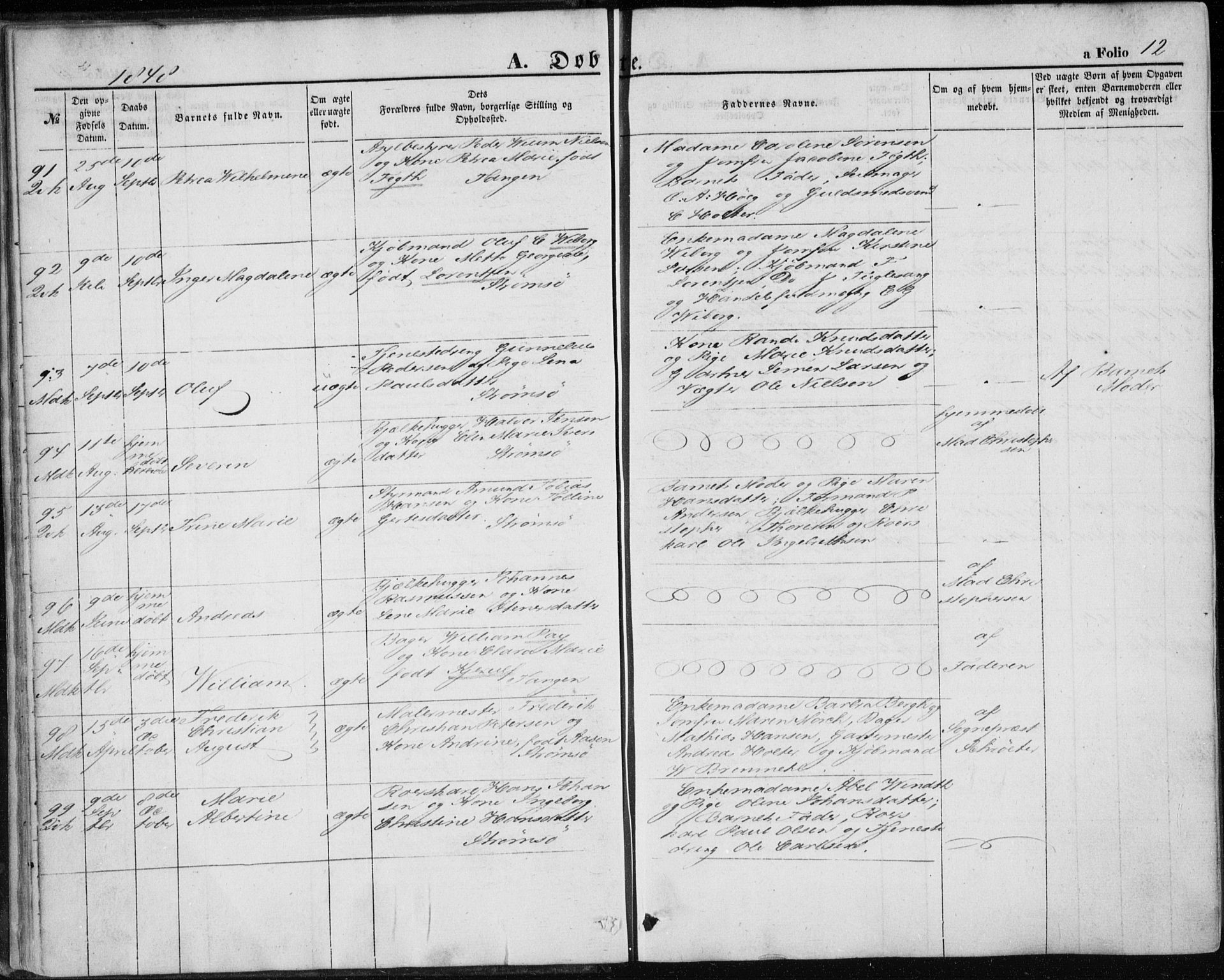 Strømsø kirkebøker, AV/SAKO-A-246/F/Fa/L0014: Parish register (official) no. I 14, 1848-1858, p. 12