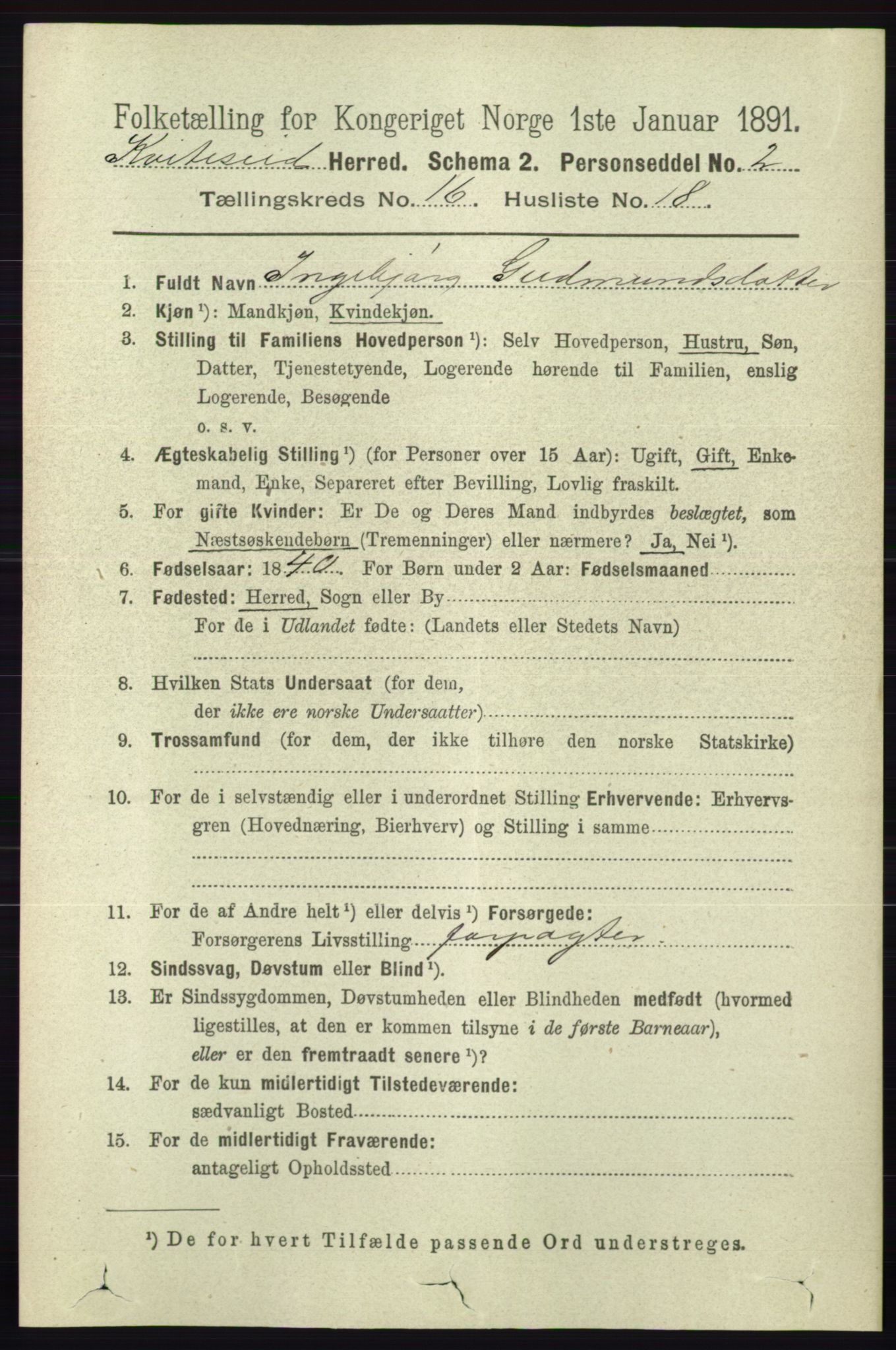 RA, 1891 census for 0829 Kviteseid, 1891, p. 3742