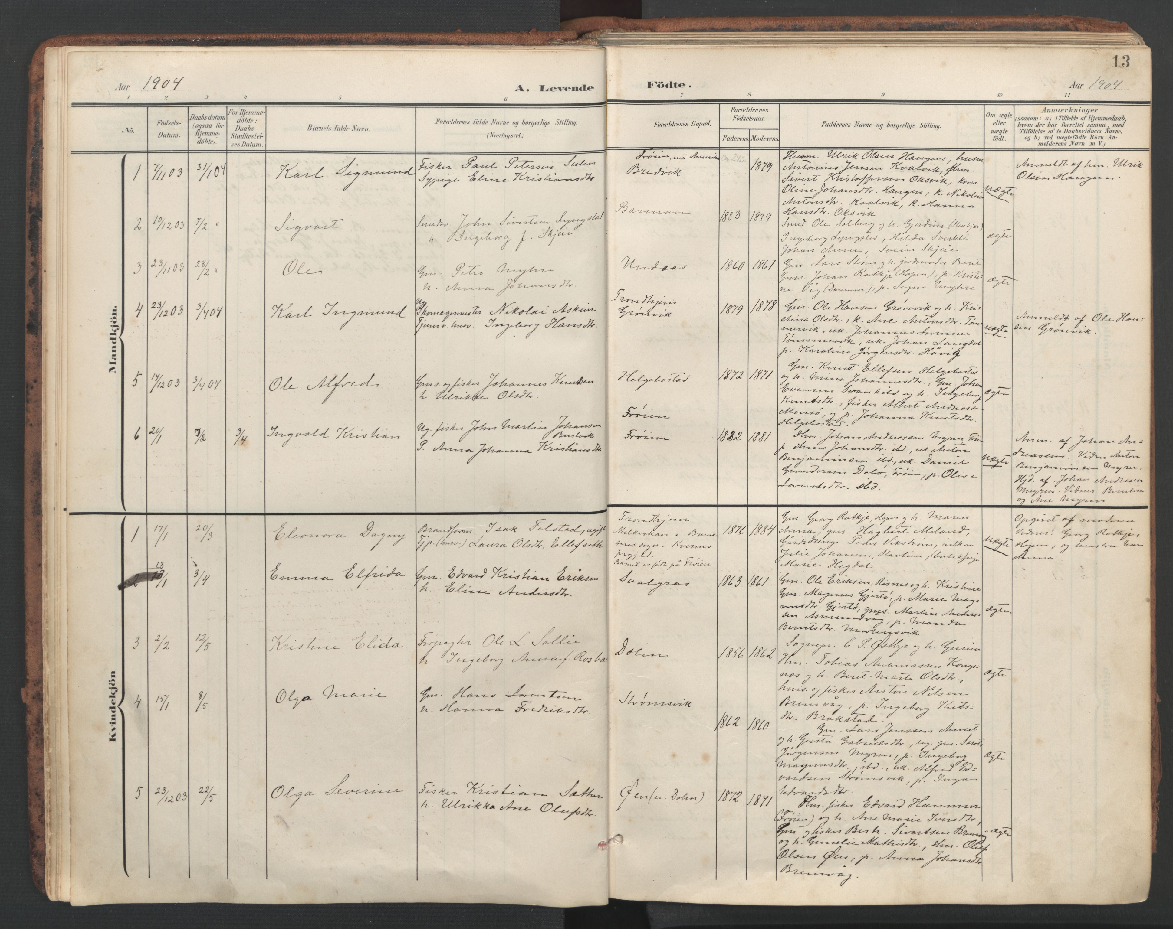 Ministerialprotokoller, klokkerbøker og fødselsregistre - Sør-Trøndelag, AV/SAT-A-1456/634/L0537: Parish register (official) no. 634A13, 1896-1922, p. 13