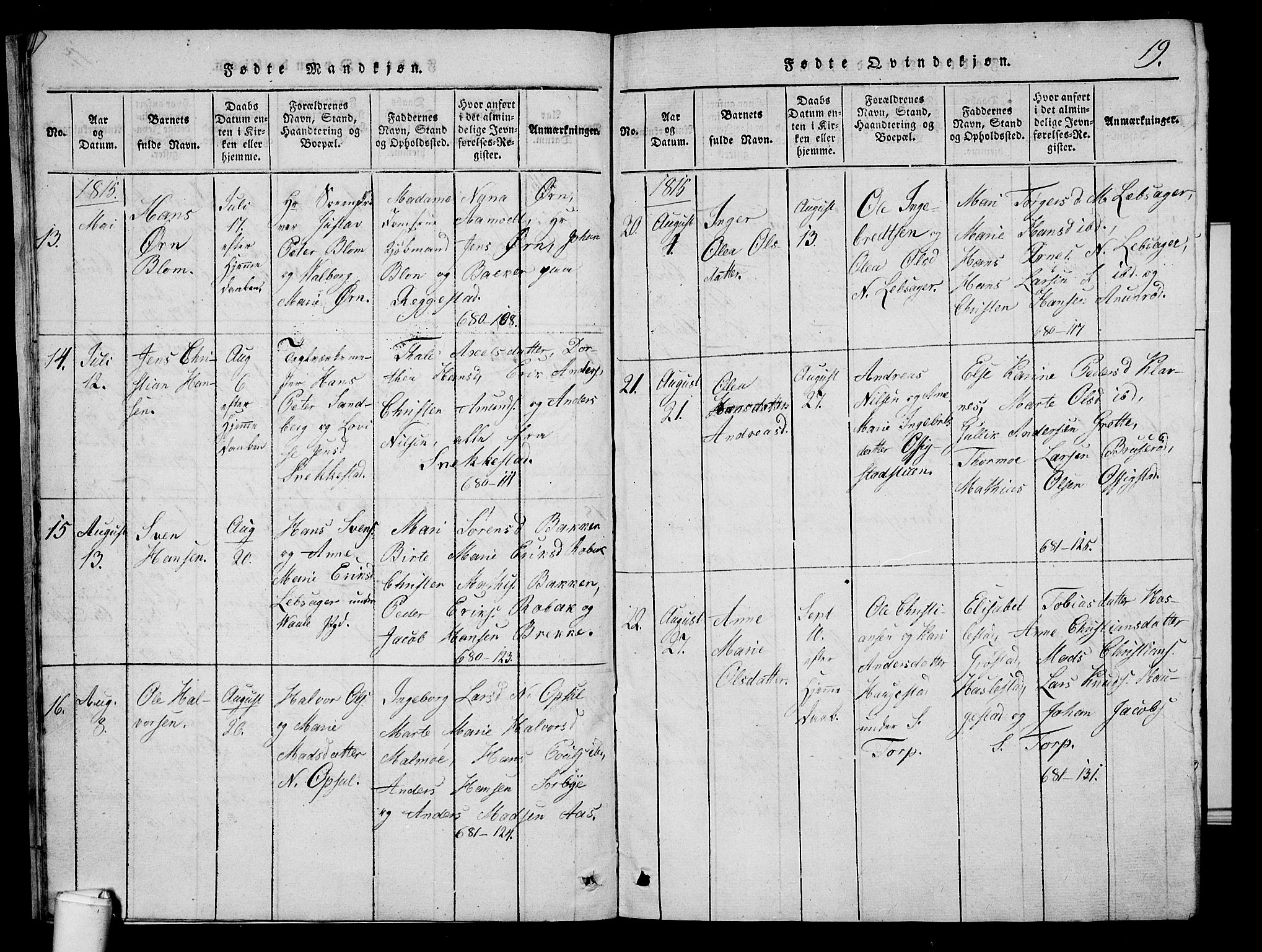 Våle kirkebøker, AV/SAKO-A-334/G/Ga/L0001: Parish register (copy) no. I 1, 1814-1824, p. 18-19