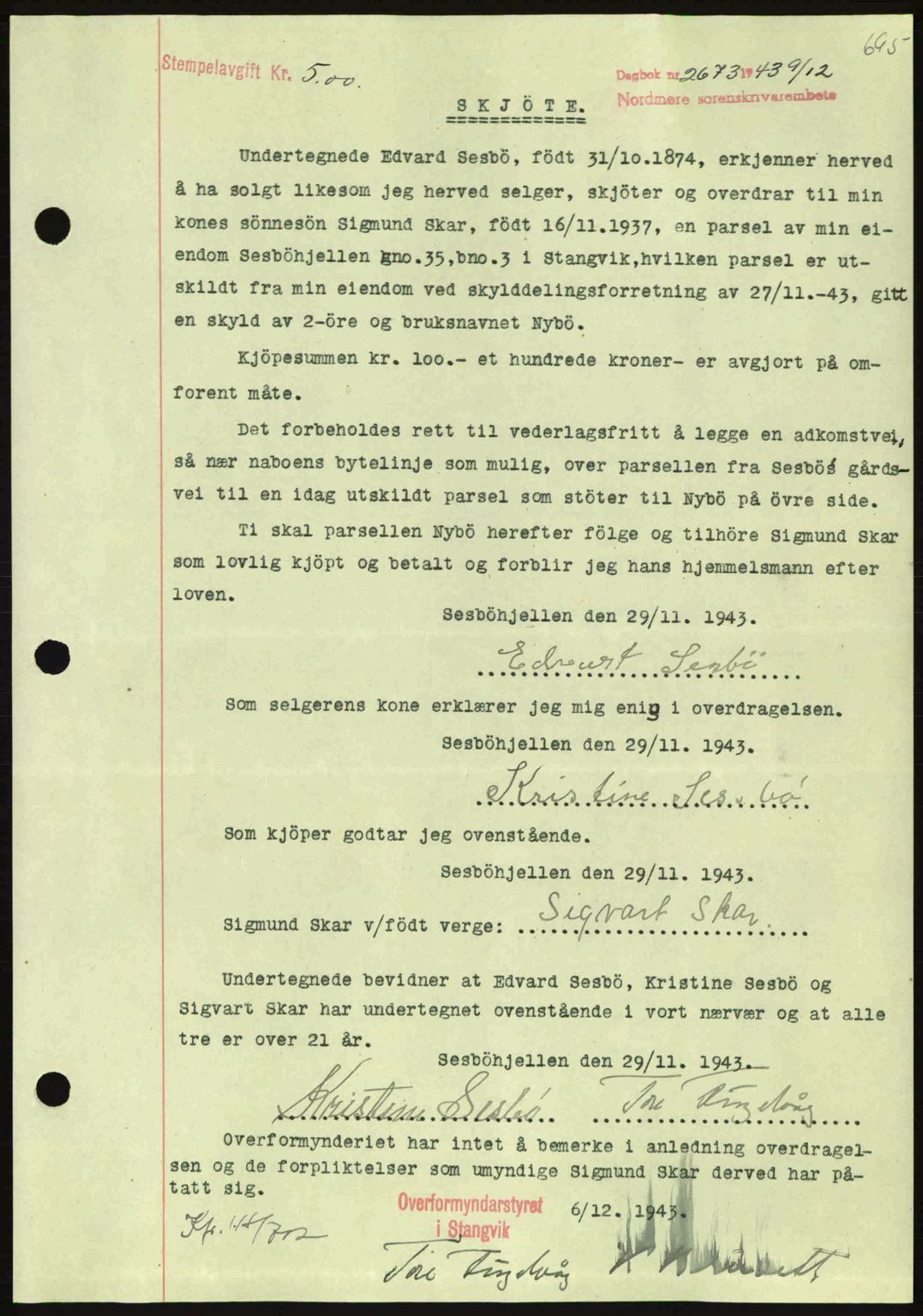 Nordmøre sorenskriveri, SAT/A-4132/1/2/2Ca: Mortgage book no. A96, 1943-1944, Diary no: : 2673/1943
