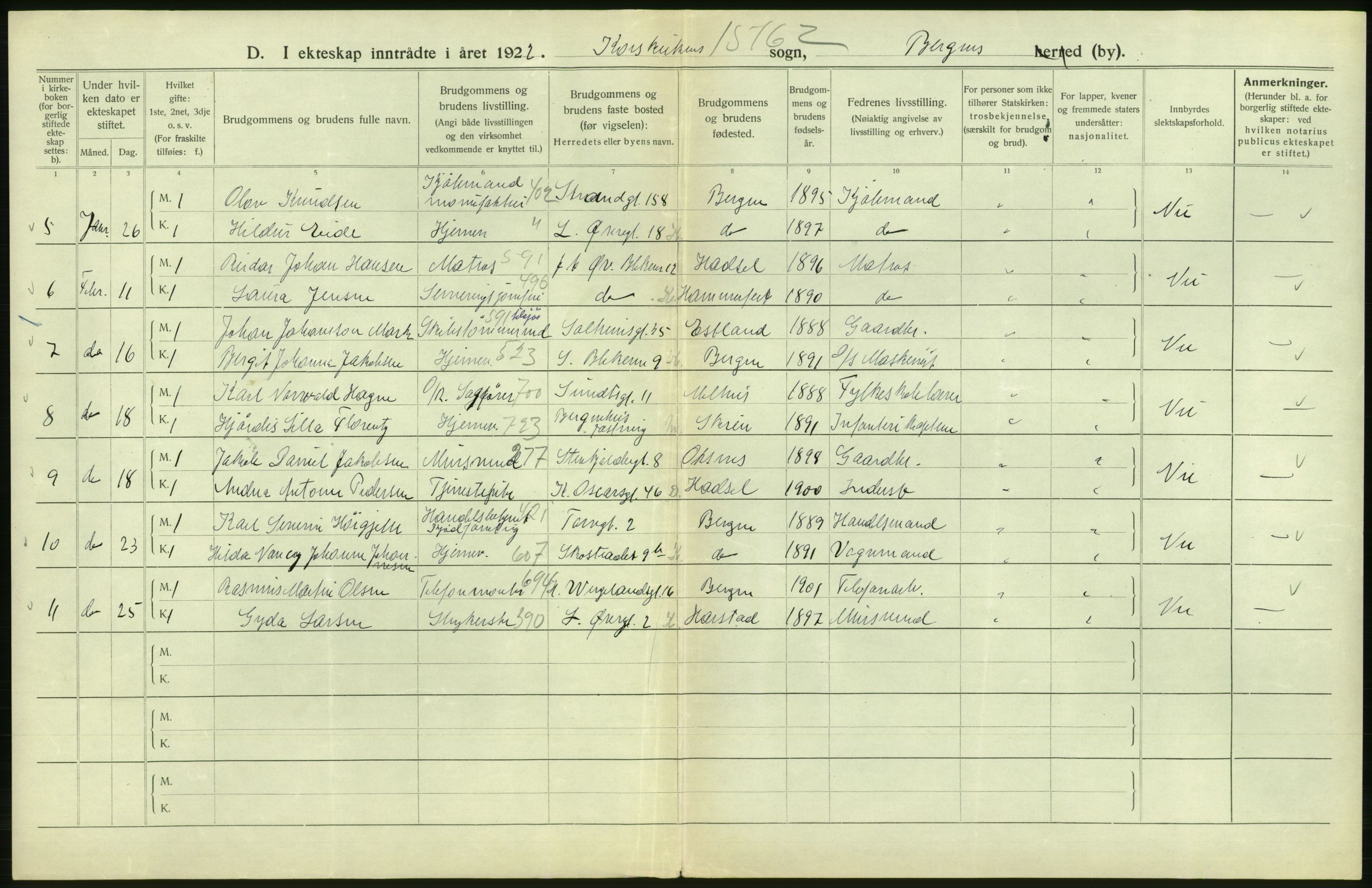 Statistisk sentralbyrå, Sosiodemografiske emner, Befolkning, AV/RA-S-2228/D/Df/Dfc/Dfcb/L0030: Bergen: Gifte, døde, dødfødte., 1922, p. 218