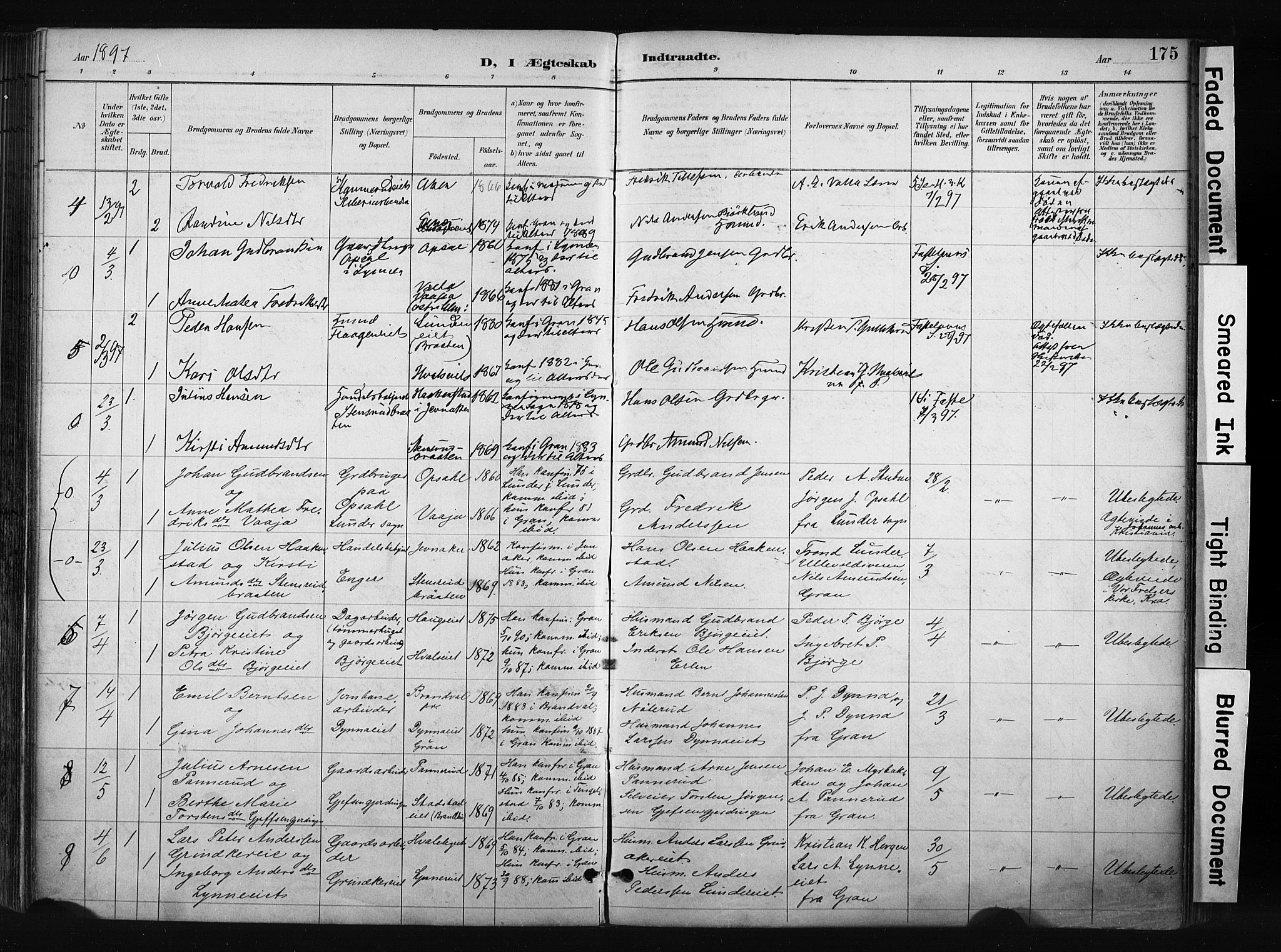 Gran prestekontor, SAH/PREST-112/H/Ha/Haa/L0017: Parish register (official) no. 17, 1889-1897, p. 175