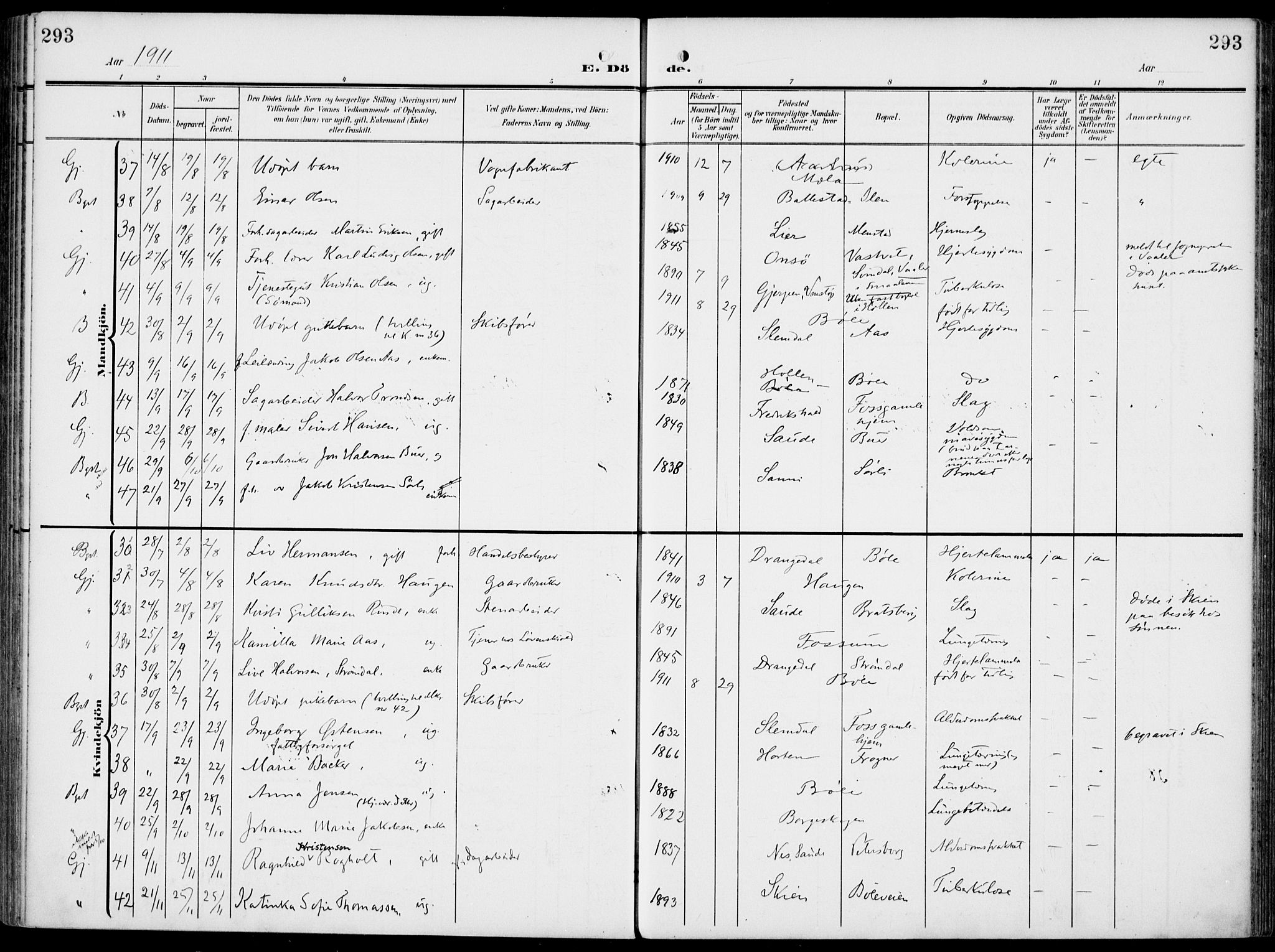 Gjerpen kirkebøker, AV/SAKO-A-265/F/Fa/L0012: Parish register (official) no. I 12, 1905-1913, p. 293