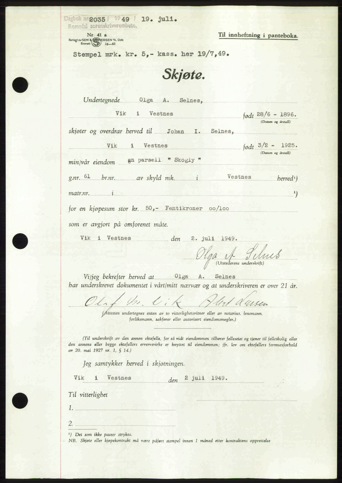 Romsdal sorenskriveri, AV/SAT-A-4149/1/2/2C: Mortgage book no. A30, 1949-1949, Diary no: : 2035/1949